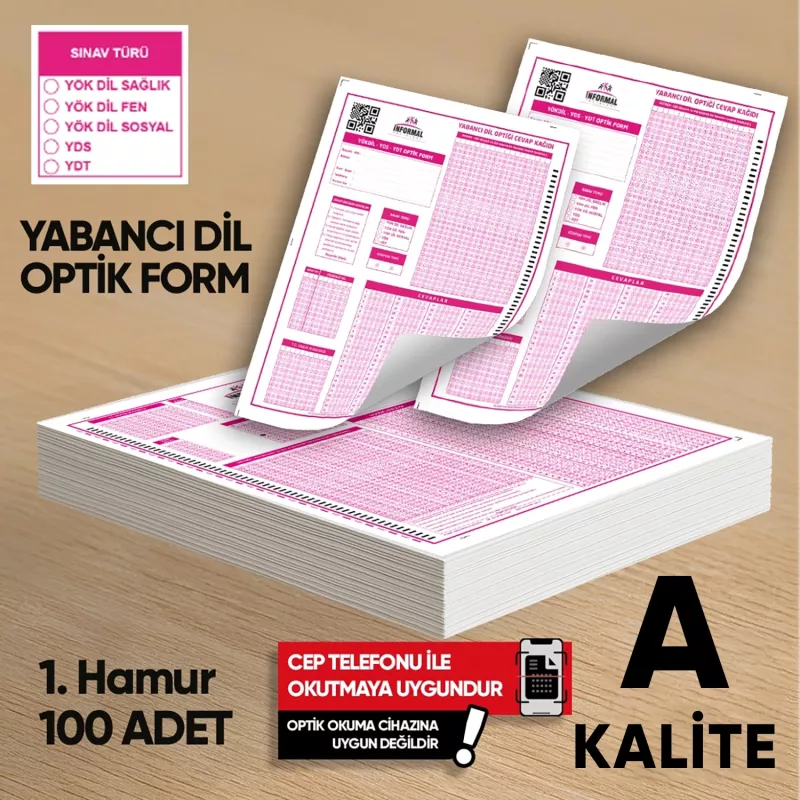 Yabancı Dil (YÖKDİL, YDS ve YDT) Deneme Sınavları İçin 100 Adet Optik Form