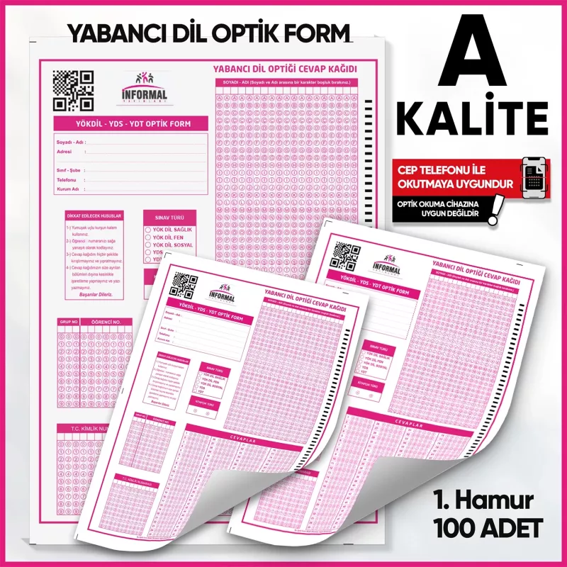 Yabancı Dil (YÖKDİL, YDS ve YDT) Deneme Sınavları İçin 100 Adet Optik Form 
