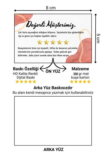 Değerli Müşterimiz Temalı Renkli Teşekkür ve Yorum Artırıcı Kart 500 adet 8x5cm Yüksek Kalite 300 gr