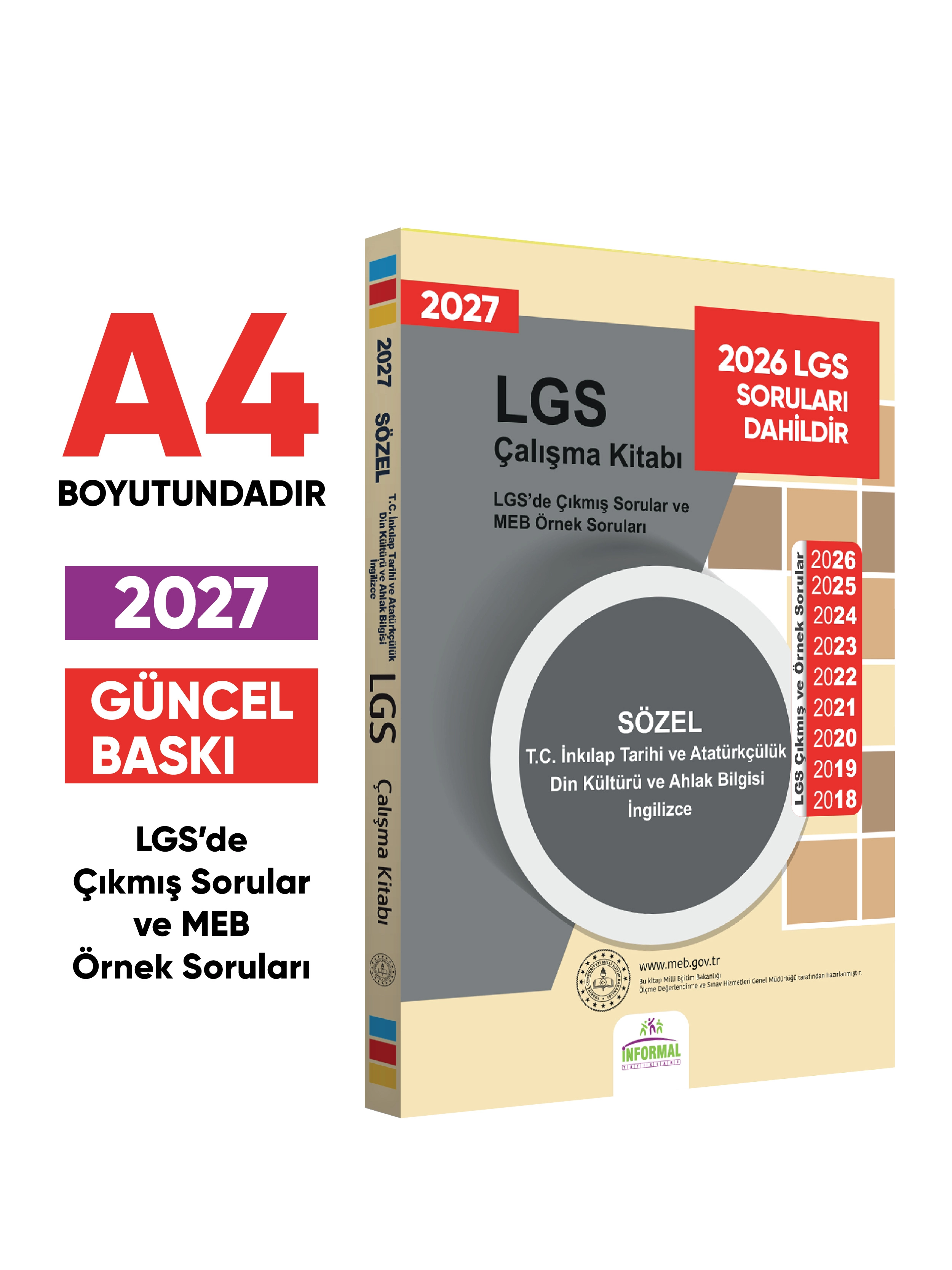 2027 LGS 8.Sınıf Çıkmış ve MEB Örnek Soruları Tarih-Din-İng Sözel Çalışma Kitabı A4 RENKLİ Baskı