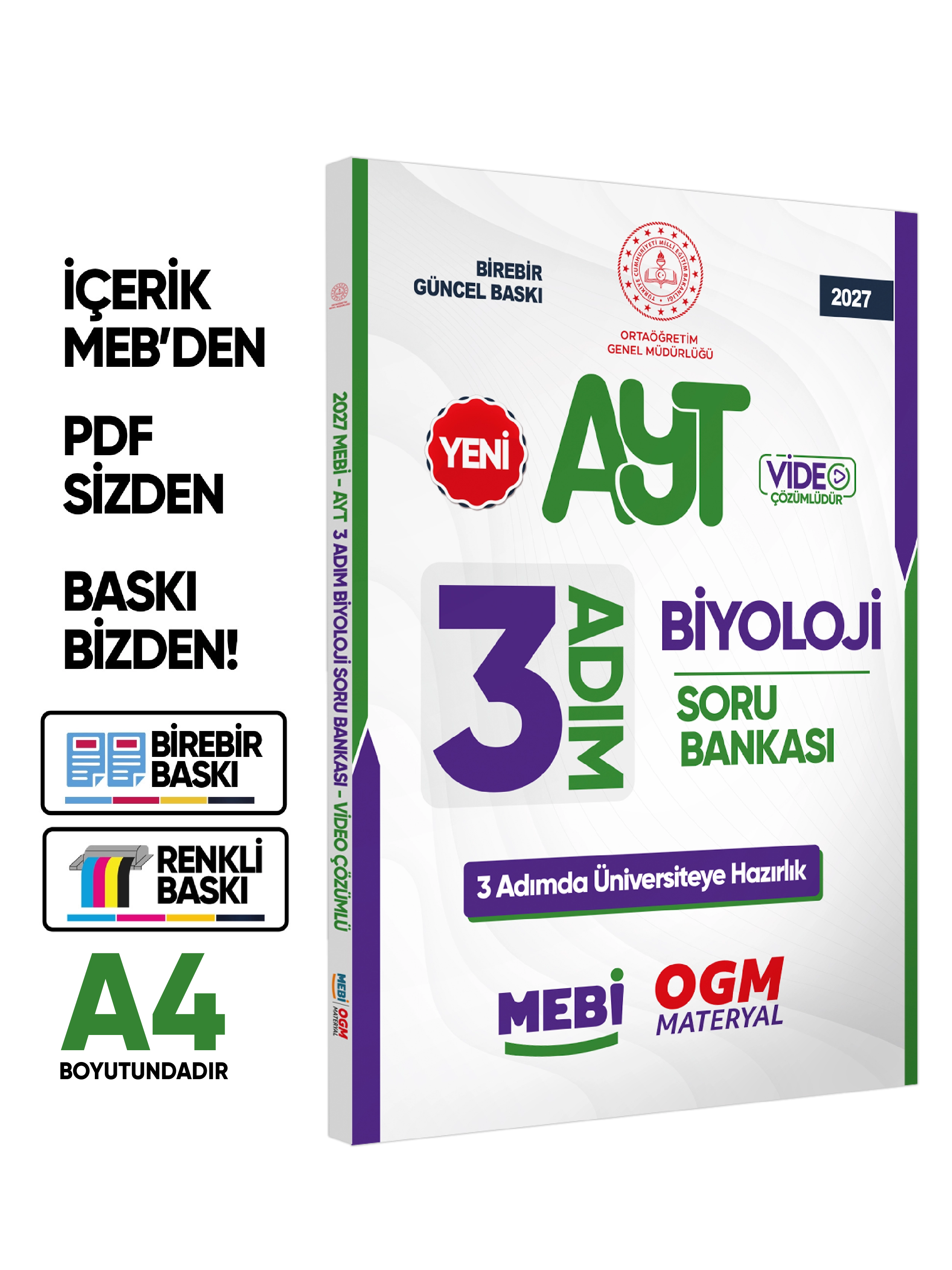 2027 AYT MEBİ-OGM 3 ADIM Biyoloji Soru Bankası RENKLİ A4 Boyut Video Çözümlü BASKI ÜCRETİ