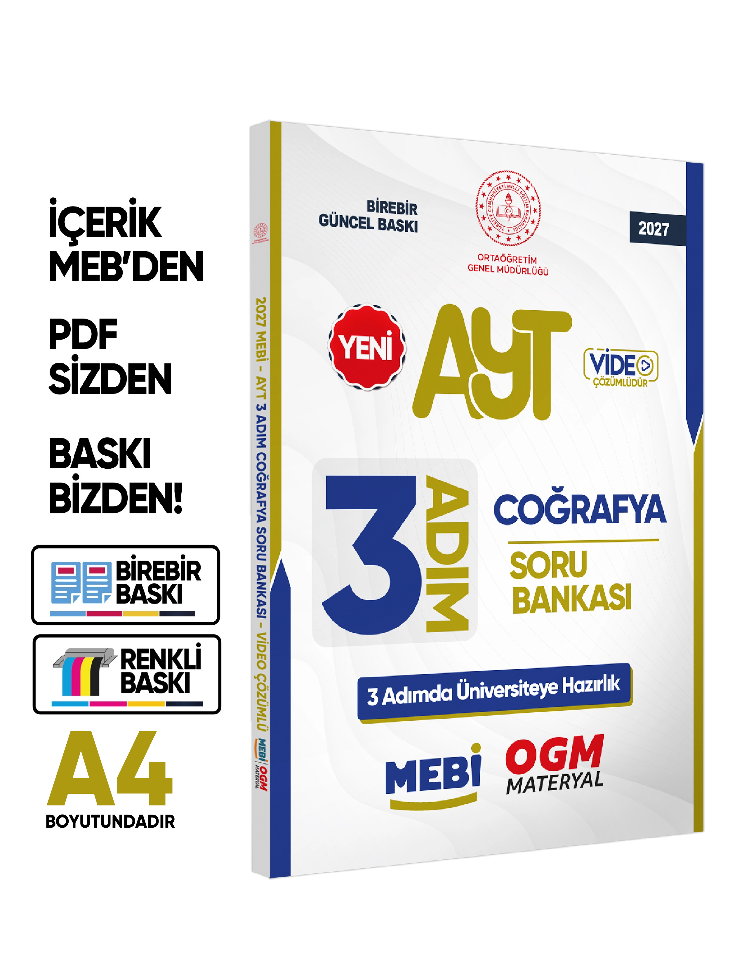 2027 AYT MEBİ-OGM 3 ADIM Coğrafya Soru Bankası RENKLİ A4 Boyut Video Çözümlü BASKI ÜCRETİ