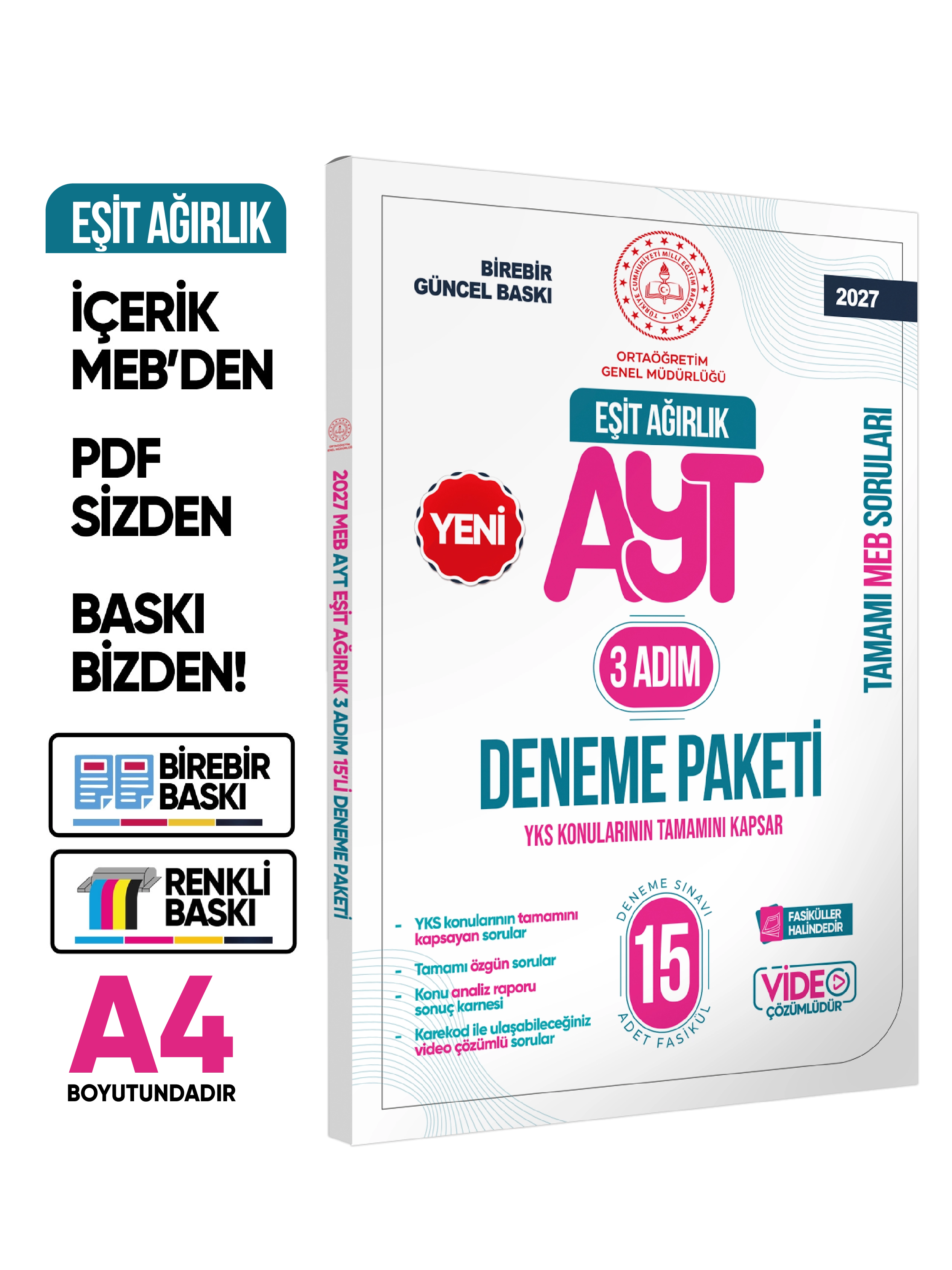 2027 3 Adım YKS-AYT Eşit Ağırlık (TM) MEBİ Özgün Sorular 15liDeneme Paketi VideoÇözümlü BASKI ÜCRETİ
