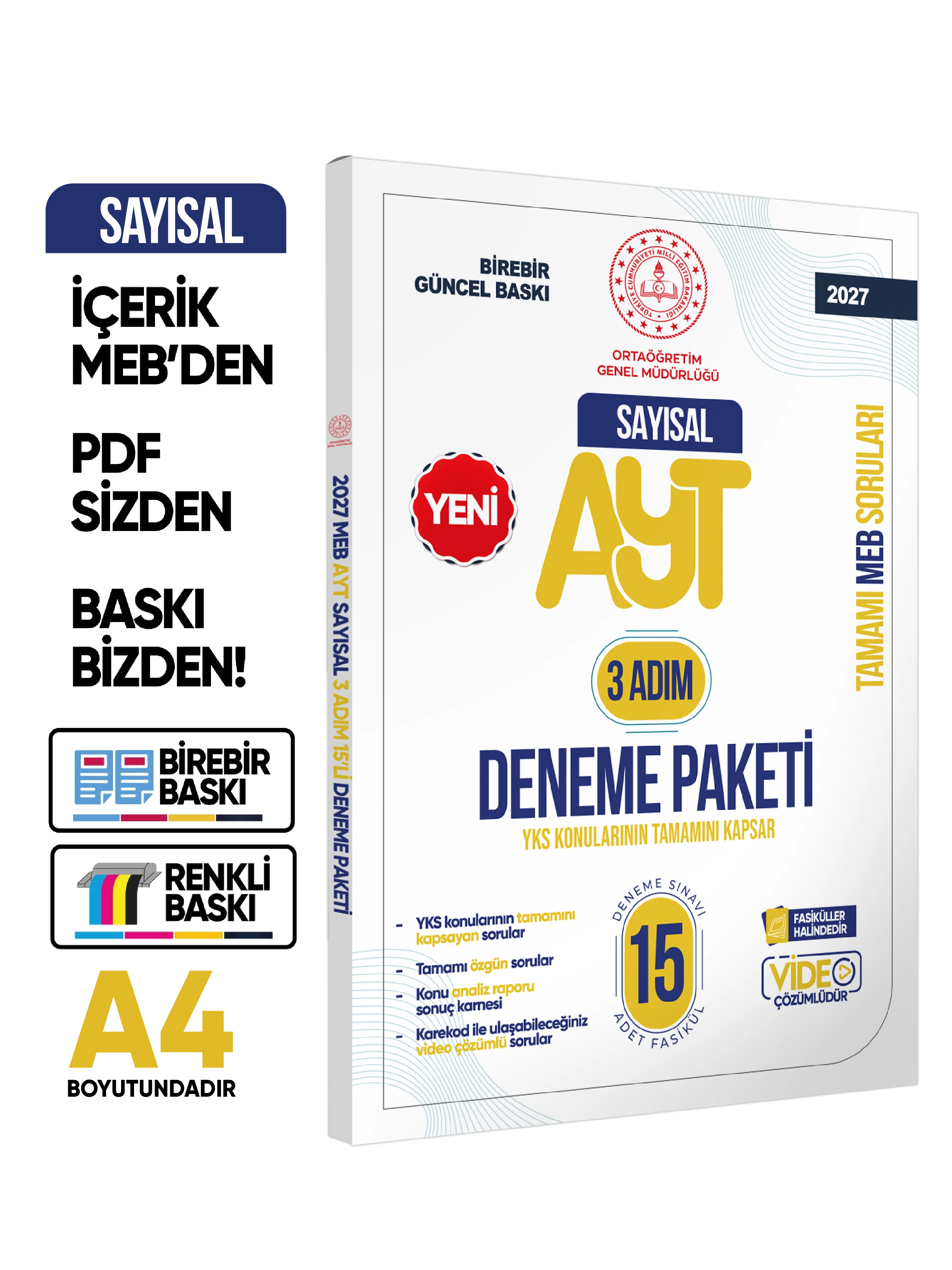 2027 3 Adım YKS-AYT Sayısal MEBİ Özgün Sorular 15li Deneme Fasikül Paketi Video Çözümlü BASKI ÜCRETİ