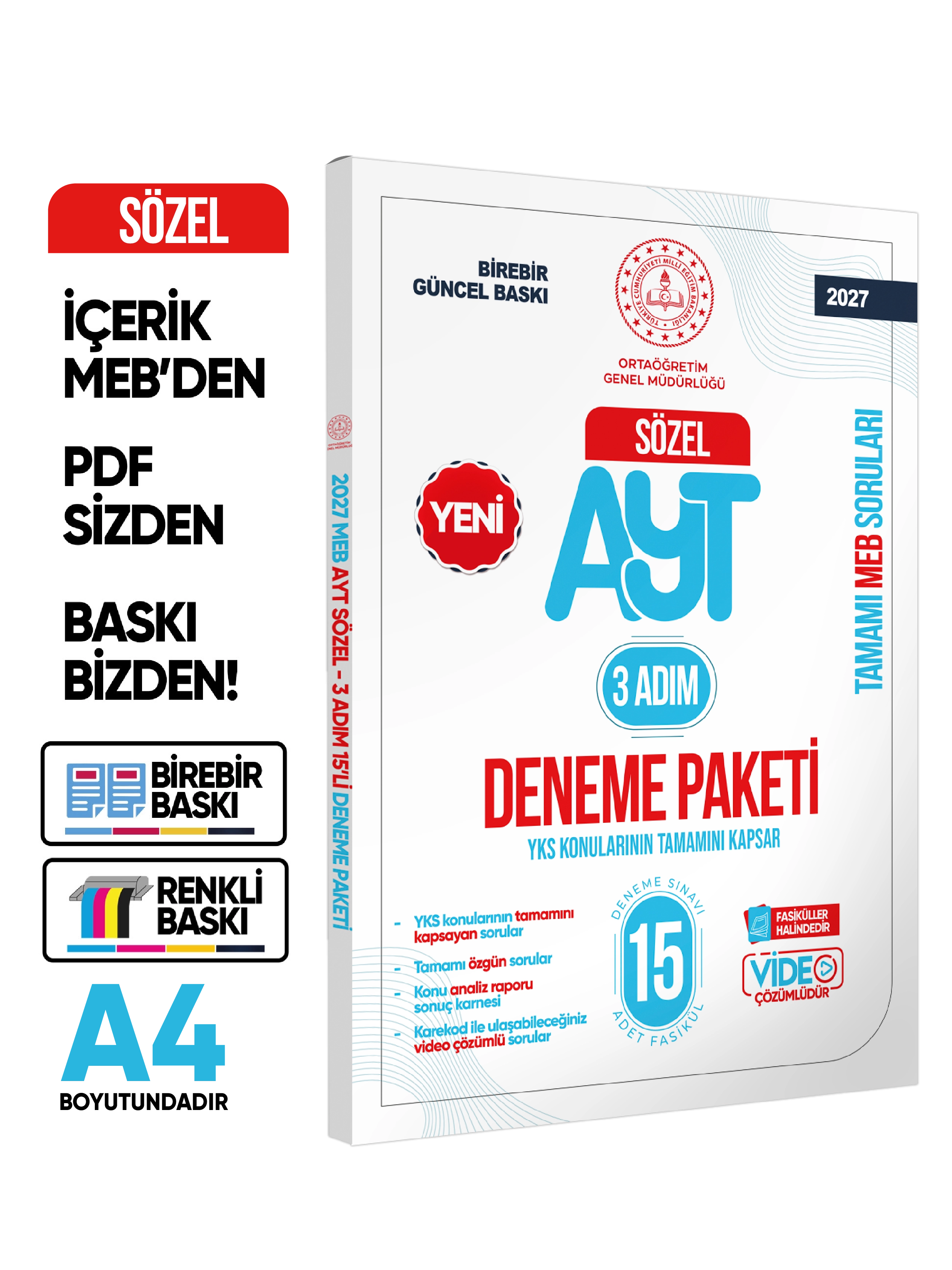 2027 3 Adım YKS-AYT Sözel MEBİ Özgün Sorular 15li Deneme Fasikül Paketi Video Çözümlü BASKI ÜCRETİ