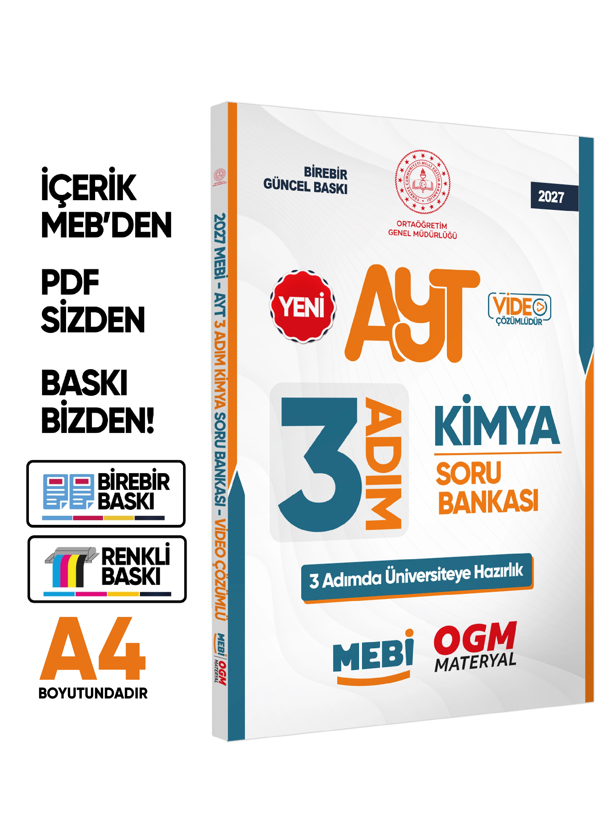 2027 AYT MEBİ-OGM 3 ADIM Kimya Soru Bankası RENKLİ A4 Boyut Video Çözümlü BASKI ÜCRETİ