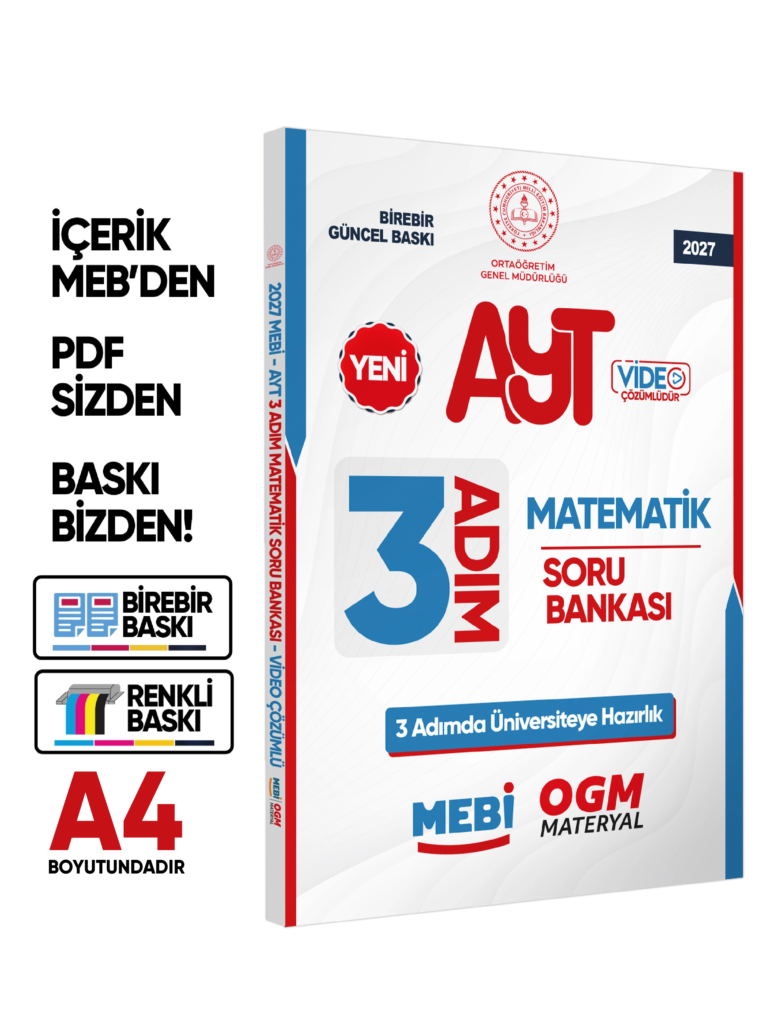 2027 AYT MEBİ-OGM 3 ADIM Matematik Soru Bankası RENKLİ A4 Boyut Video Çözümlü BASKI ÜCRETİ