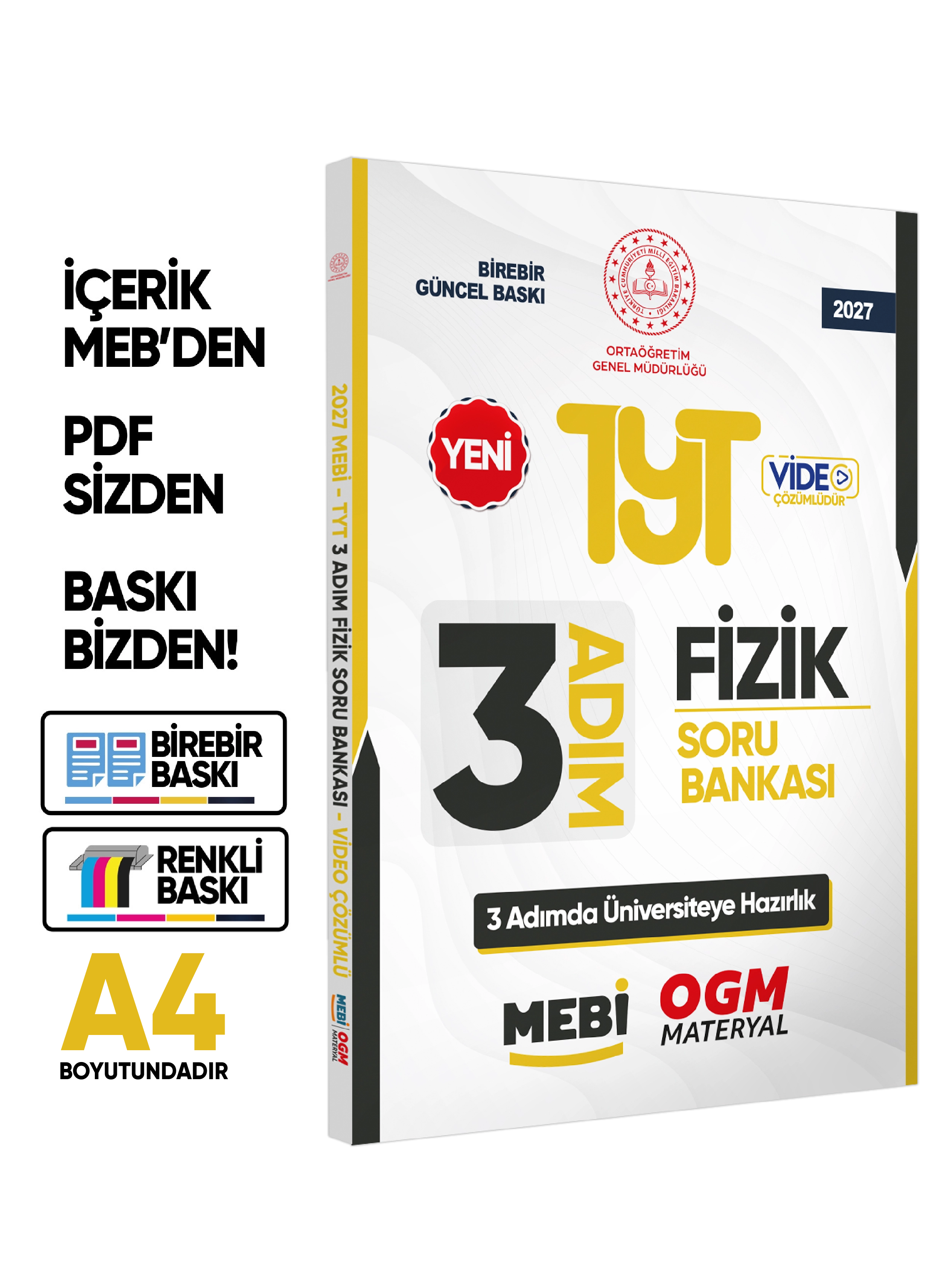 2027 TYT MEBİ-OGM 3 ADIM Fizik Soru Bankası RENKLİ A4 Boyut Video Çözümlü BASKI ÜCRETİ