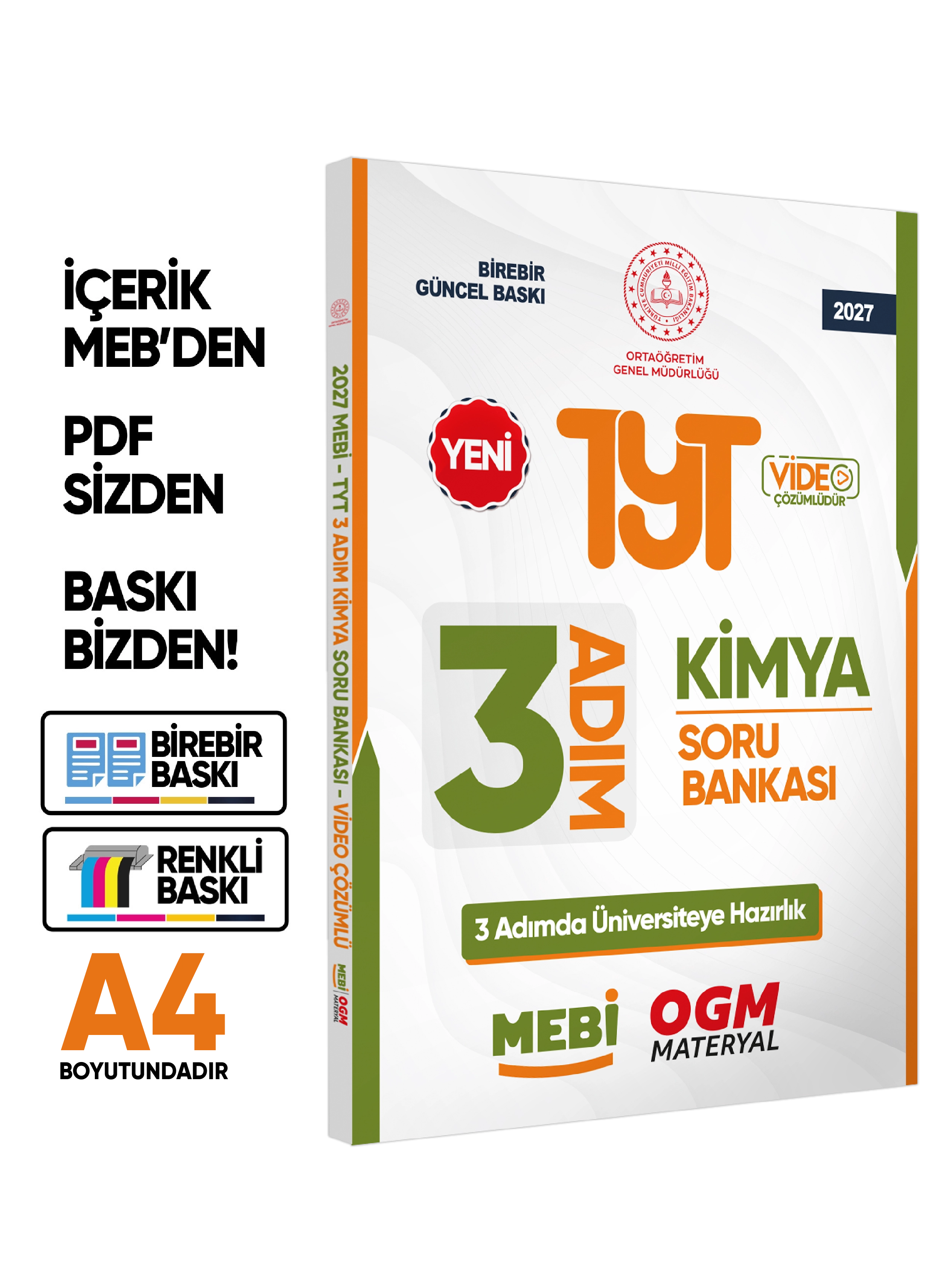 2027 TYT MEBİ-OGM 3 ADIM Kimya Soru Bankası RENKLİ A4 Boyut Video Çözümlü BASKI ÜCRETİ
