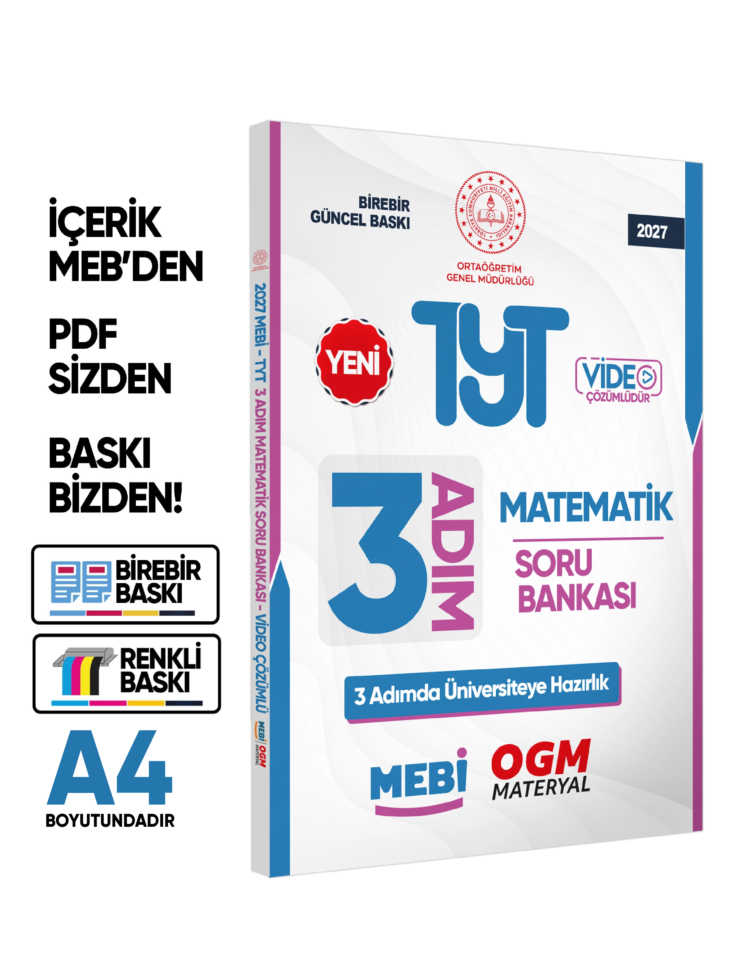 2027 TYT MEBİ-OGM 3 ADIM Matematik Soru Bankası RENKLİ A4 Boyut Video Çözüm BASKI ÜCRETİ