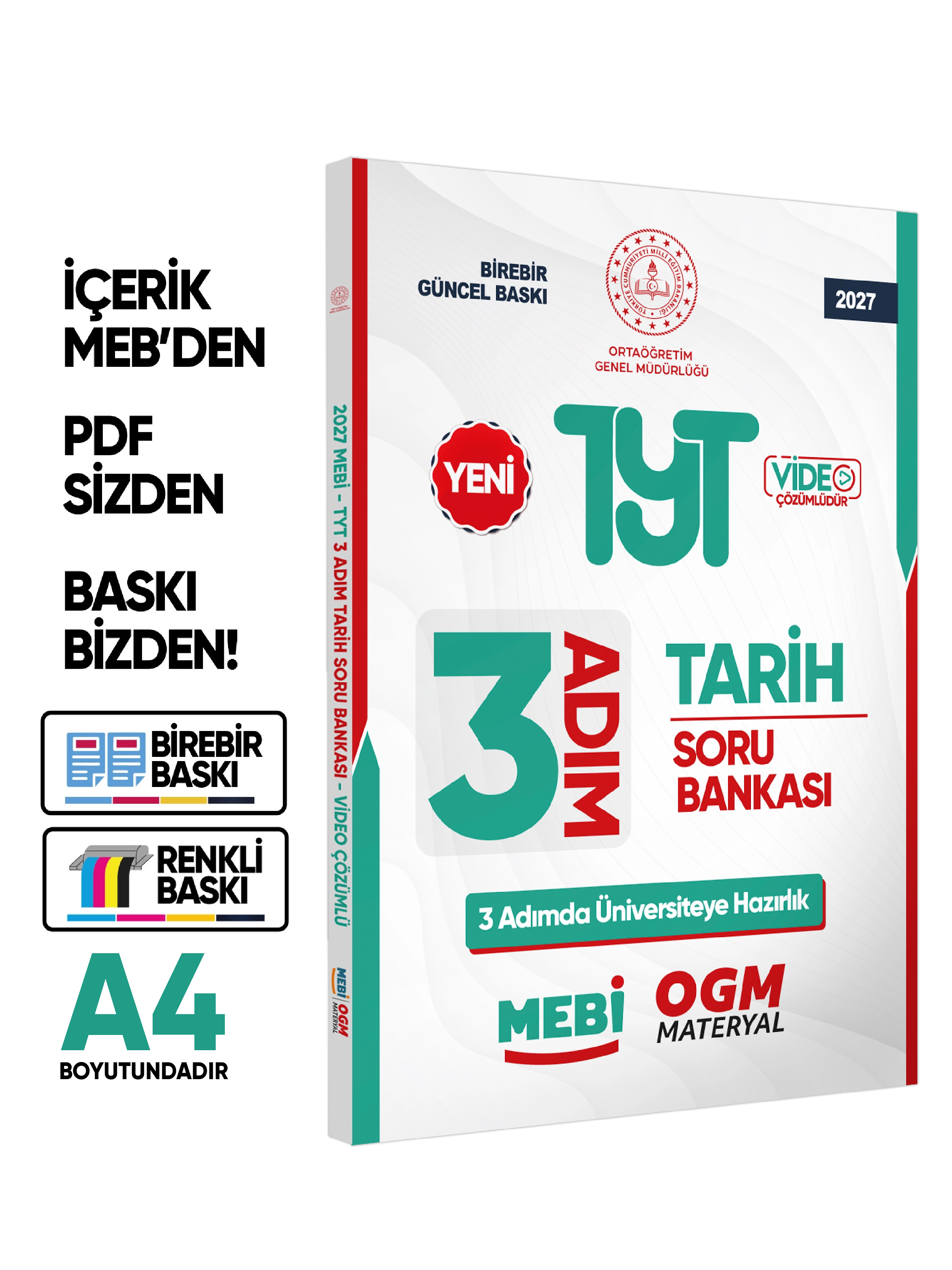 2027 TYT MEBİ-OGM 3 ADIM Tarih Soru Bankası RENKLİ A4 Boyut Video Çözüm BASKI ÜCRETİ
