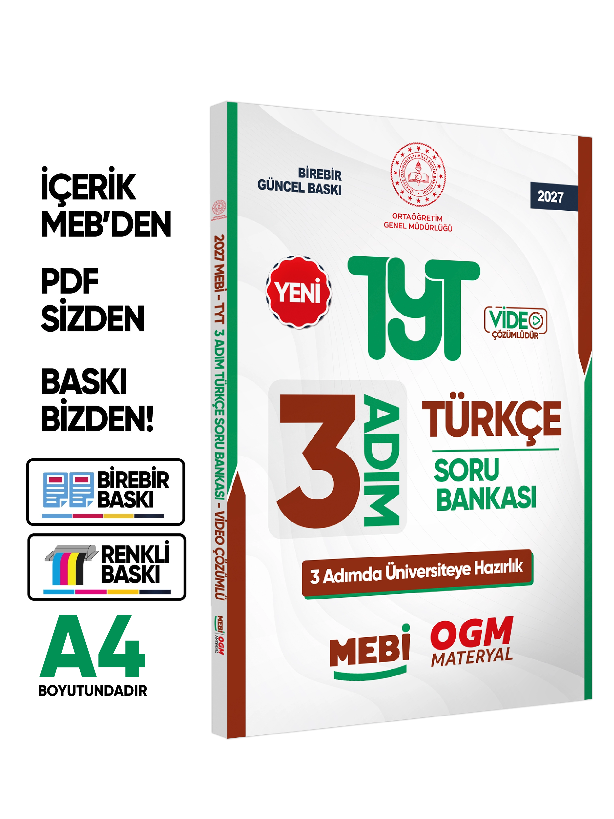 2027 TYT MEBİ-OGM 3 ADIM Türkçe Soru Bankası RENKLİ A4 Boyut Video Çözüm BASKI ÜCRETİ