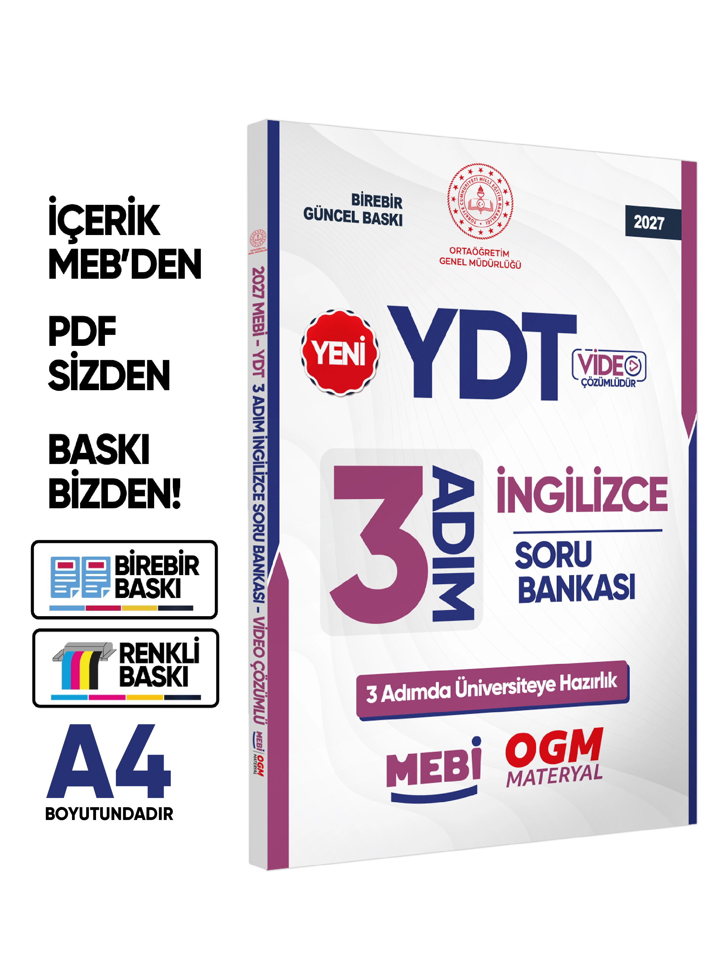 2027 YDT MEBİ-OGM 3 ADIM İngilizce Soru Bankası RENKLİ A4 Boyut Video Çözüm BASKI ÜCRETİ