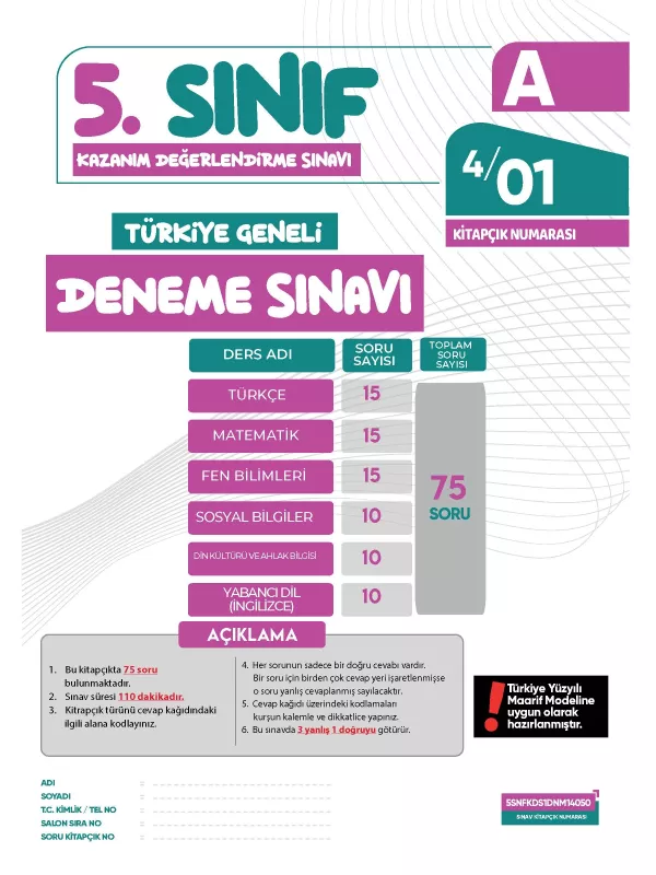 2027 5.Sınıf Yeni Sistem KDS SARMAL Deneme Paketi 4lü Türkiye Geneli D.Çözümlü Hızlı Tosbik Yayın