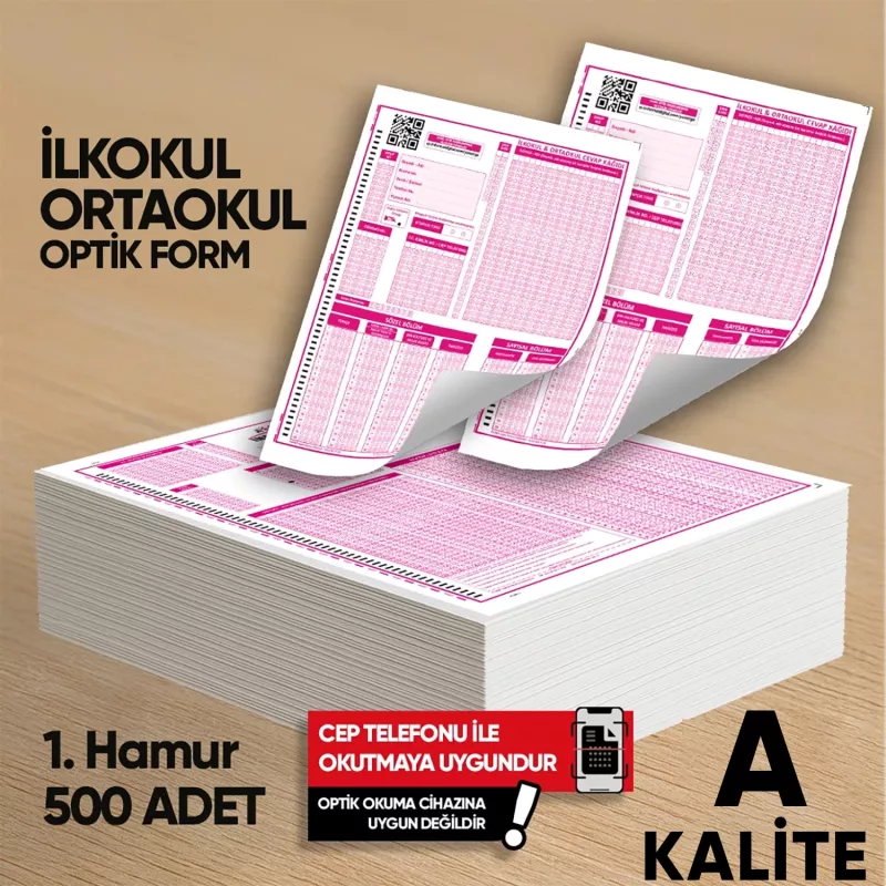 İlkokul-Ortaokul Deneme Sınavları İçin 500 Adet Optik Form