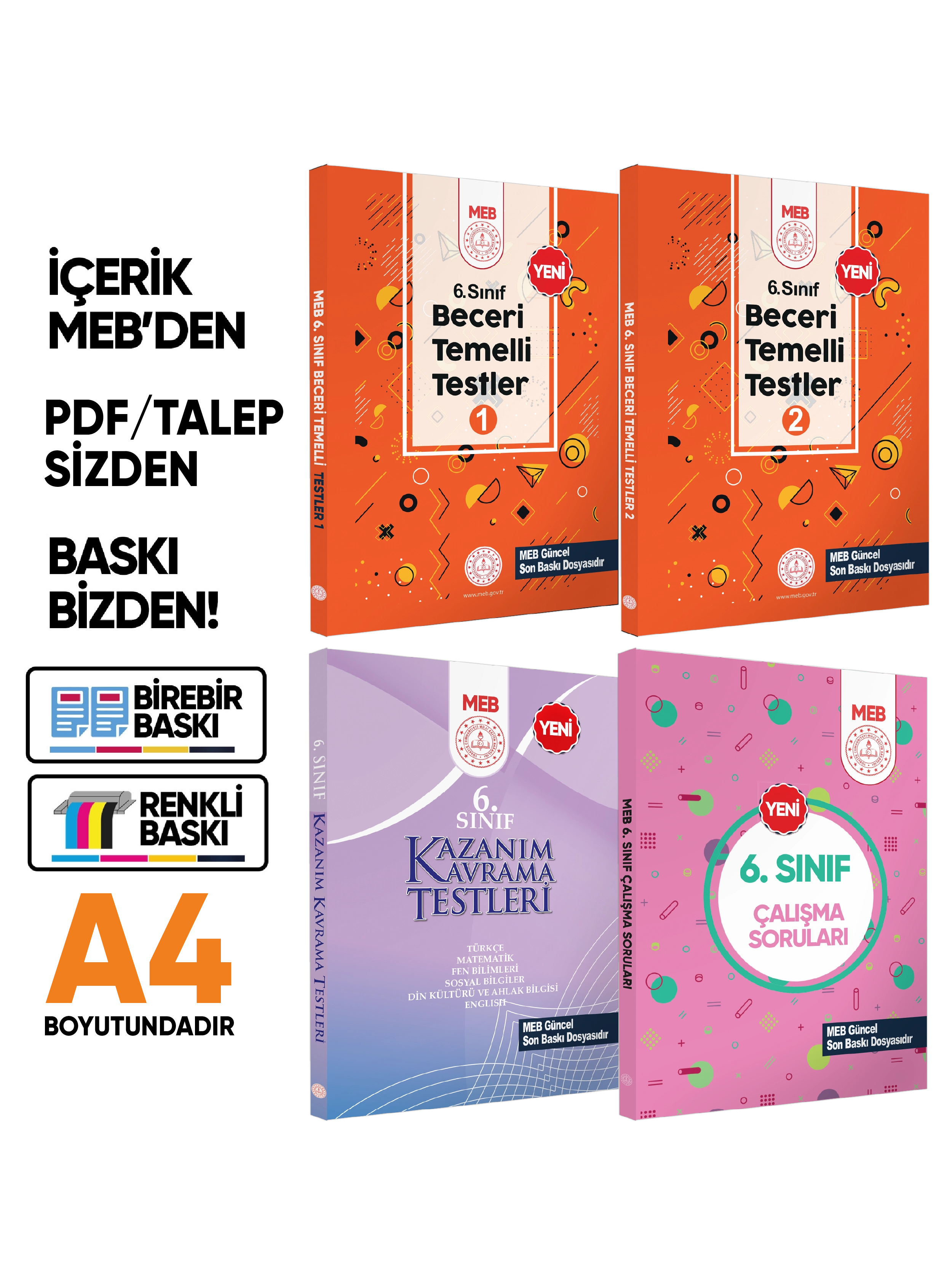 6.Sınıf MEB Örnek Soru Bankası Ve Kazanım Kavrama Testleri 4lü SET (Renkli Baskı) BASKI ÜCRETİ