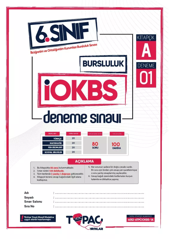 2027 6..Sınıf Topaç Yayınları İOKBS-BURSLULUK 6lı Deneme Paketi Dijital Çözümlü Türkiye Geneli