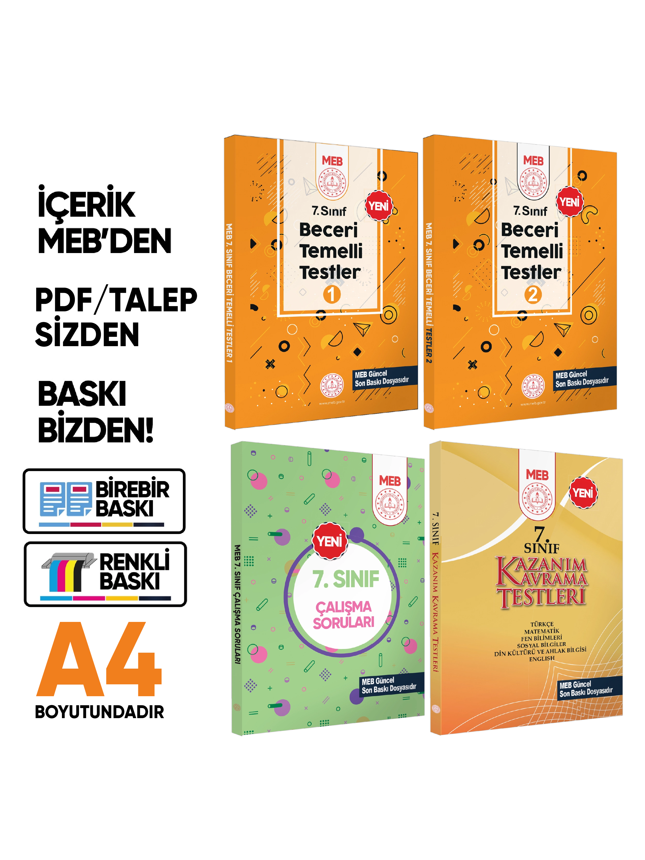 7.Sınıf MEB Örnek Soru Bankası Ve Kazanım Kavrama Testleri 4lü SET (Renkli Baskı) BASKI ÜCRETİ