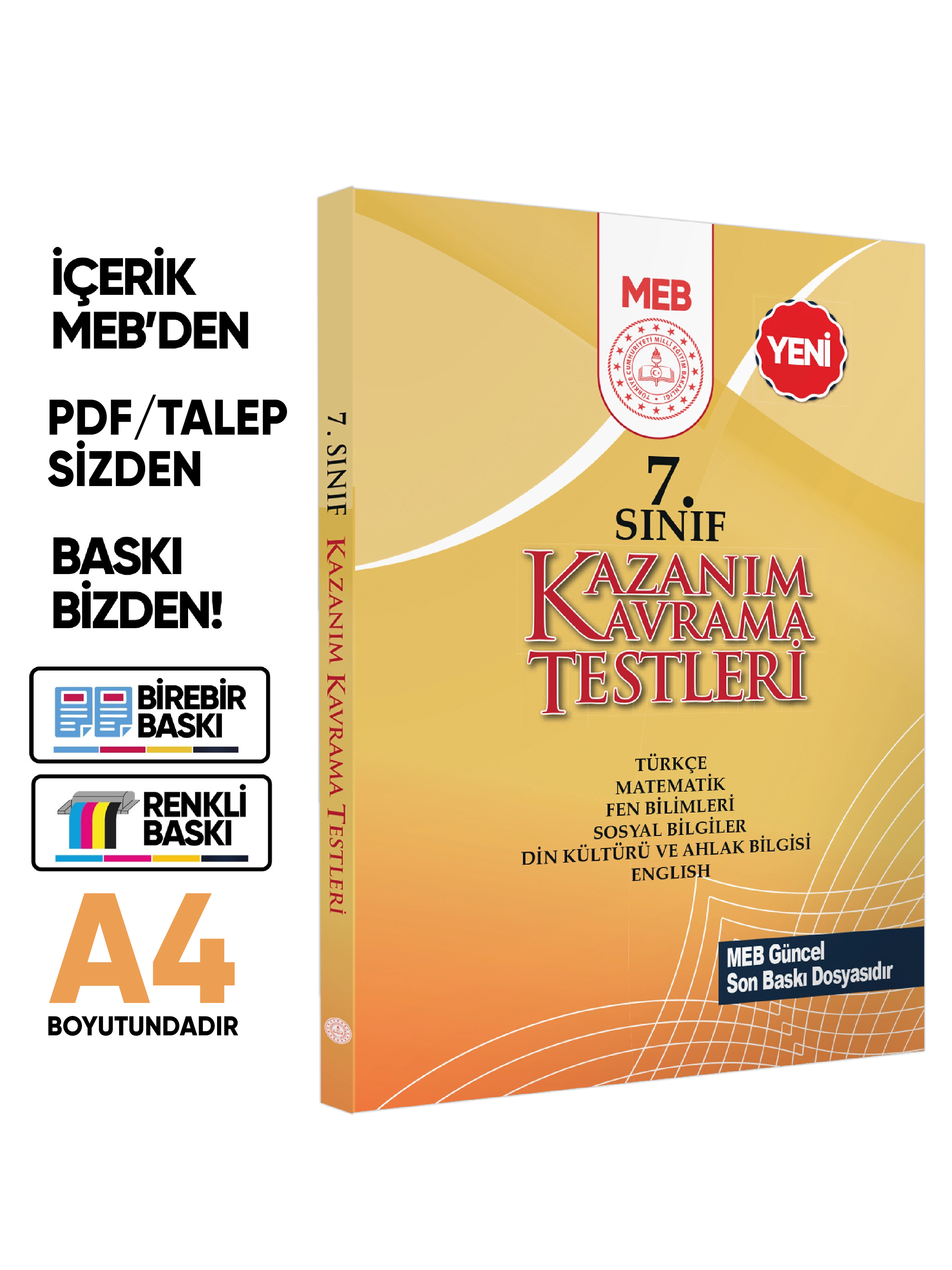 7.Sınıf MEB Tüm Dersler Kazanım Kavrama Testleri KKT Yaprak Test Kitabı BASKI ÜCRETİ