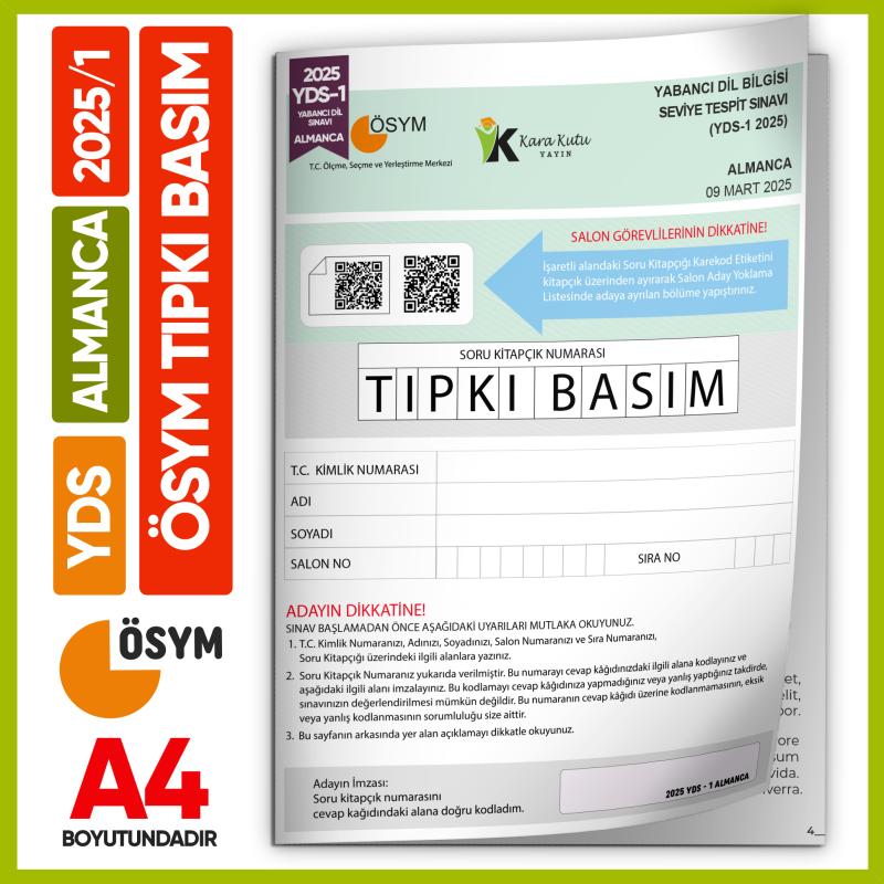 YDS Almanca 2025/1 Yabancı Dil Sınavı ÖSYM Tıpkı Basım Çıkmış Soru Deneme Kitapçığı (e-YDS uygun)