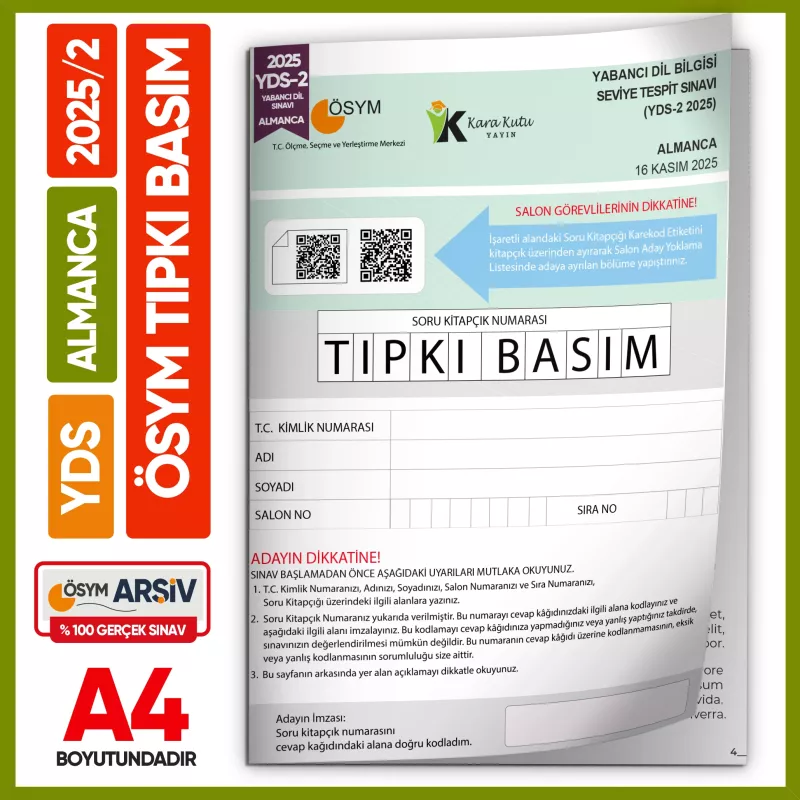 YDS Almanca 2025/2 Yabancı Dil Sınavı ÖSYM Tıpkı Basım Çıkmış Soru Deneme Kitapçığı (e-YDS uygun)