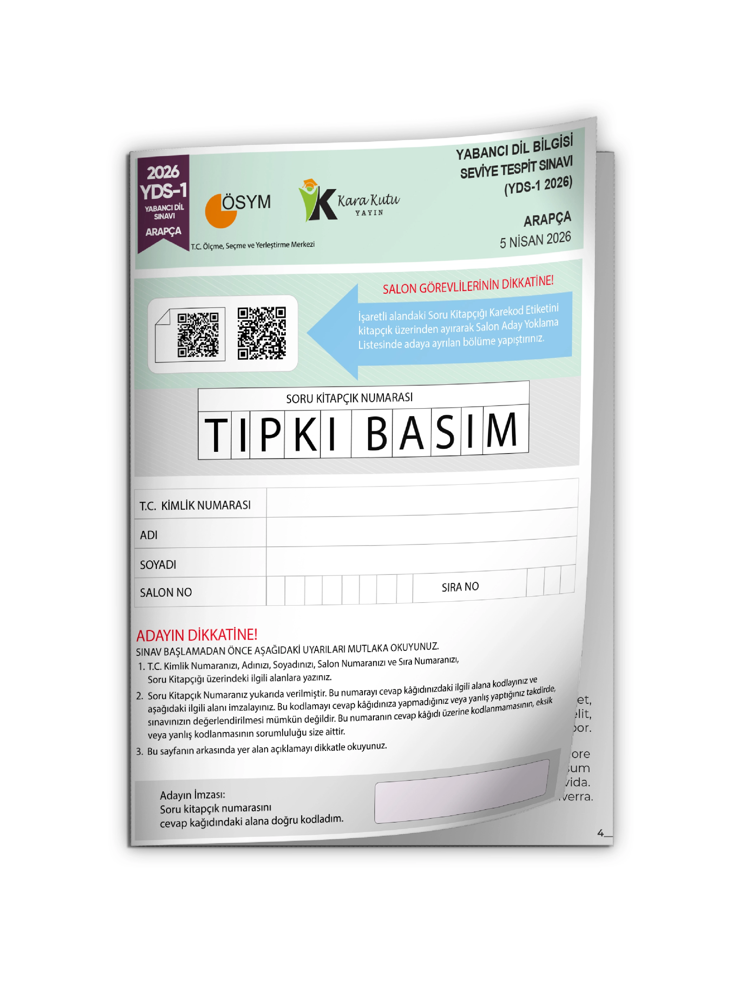 YDS Arapça 2026/1 Yabancı Dil Sınavı ÖSYM Tıpkı Basım Çıkmış Soru Deneme Kitapçığı (e-YDS uygun)