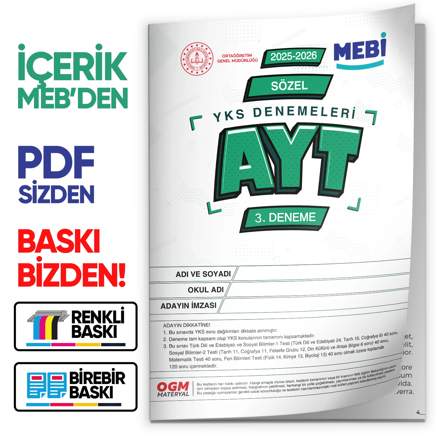 2026 YKS-AYT SÖZEL MEBİ ONLİNE Türkiye Geneli 3. Deneme Büyük Boy RENKLİ BASKI ÜCRETİ