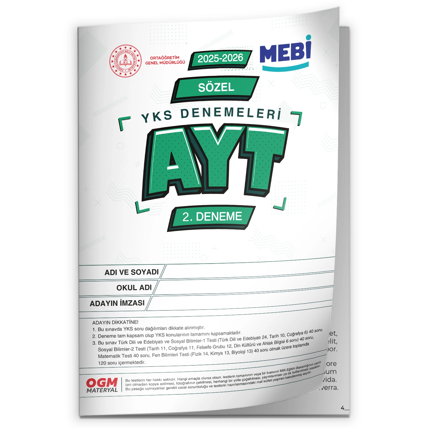 2026 YKS-AYT MEBİ OGM SÖZEL Güncel Seri Online Deneme 12li SET BASKI ÜCRETİ
