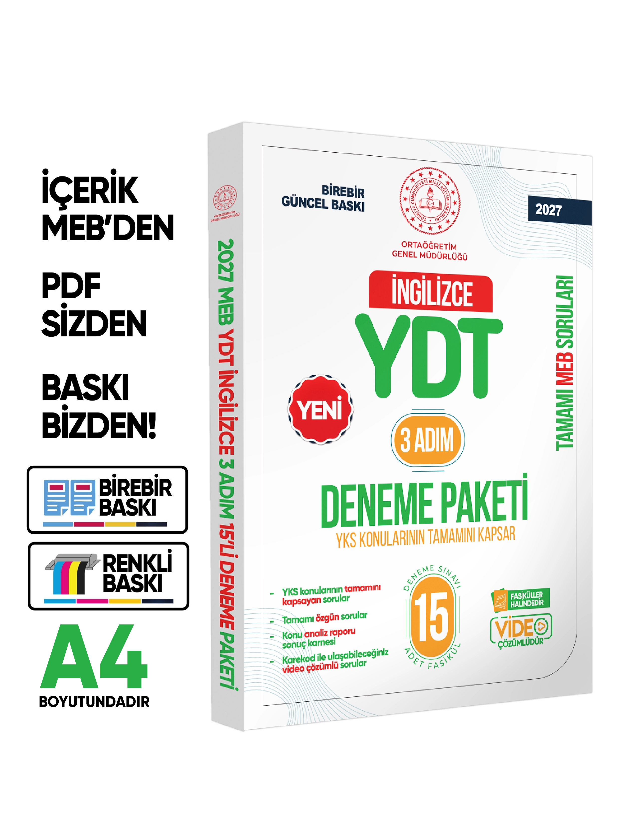 2027 3 Adım YKS-YDT İngilizce MEBİ Özgün Sorular 15li Deneme Kitapçığı Video Çözümlü BASKI ÜCRETİ