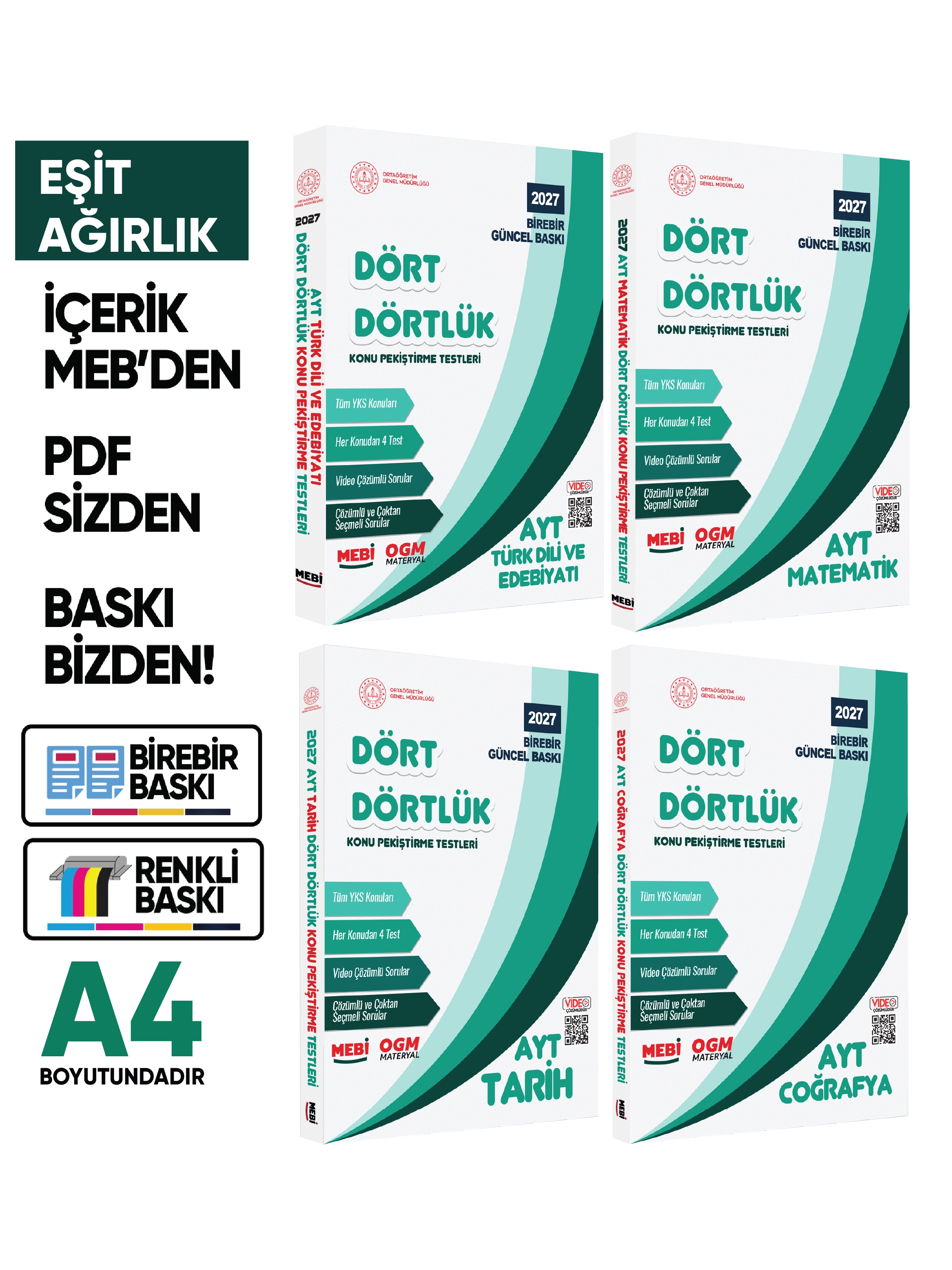 2027 YKS-AYT MEBİ-OGM Dört Dörtlük EA Pekiştirme Soru Bankası Çözümlü Set BASKI ÜCRETİ A4 Renkli