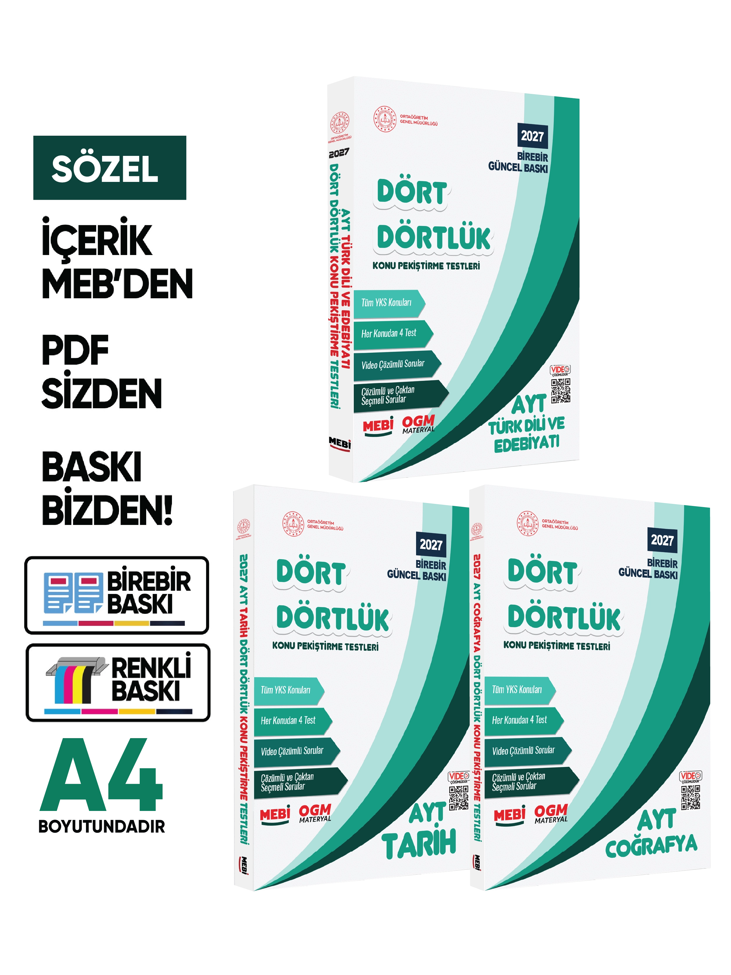 2027 YKS-AYT MEBİ-OGM Dört Dörtlük SÖZEL Pekiştirme Soru Bankası Çözümlü Set BASKI ÜCRETİ A4 Renkli