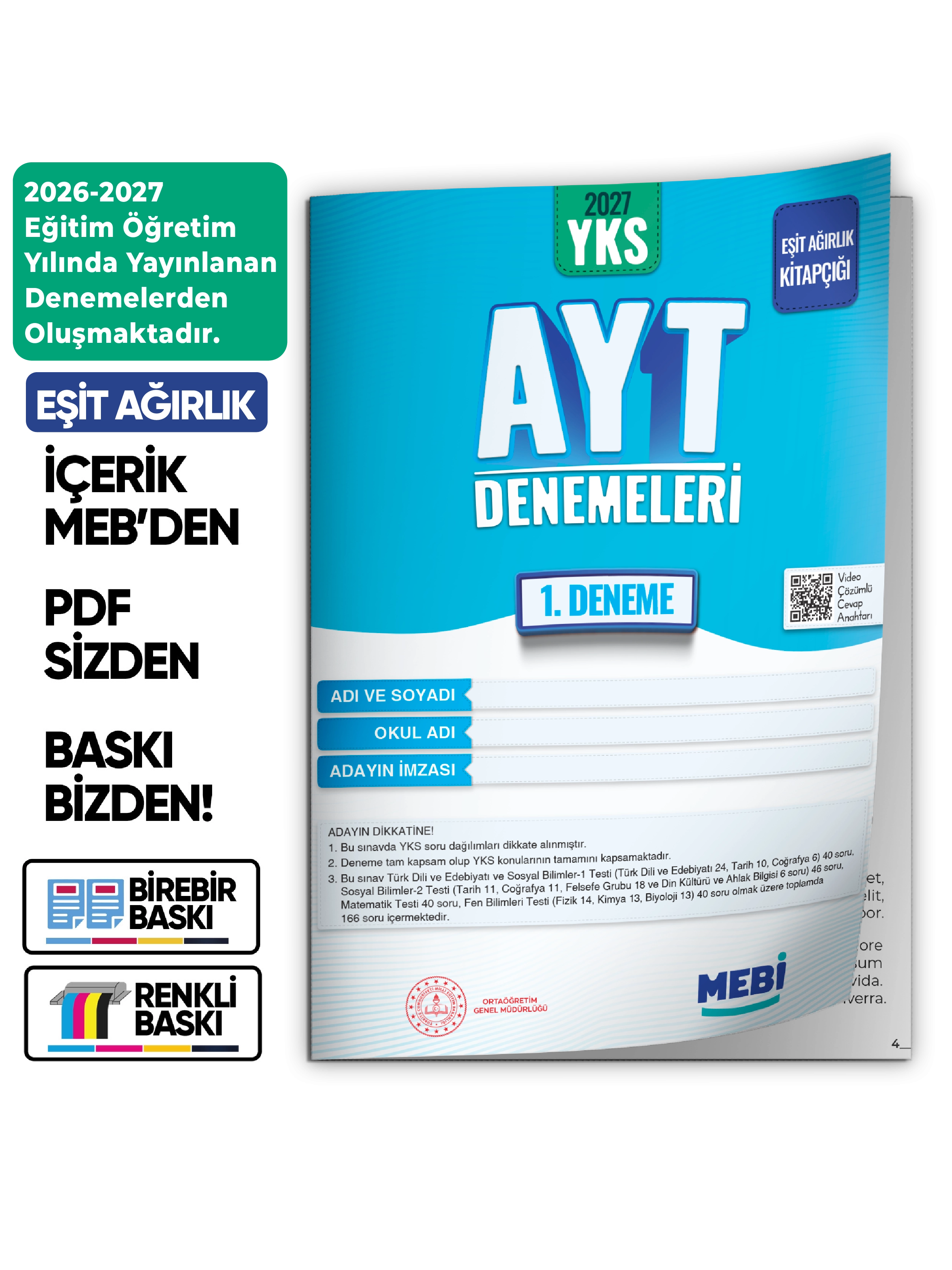 2027 YKS-AYT EŞİT AĞIRLIK MEBİ ONLİNE Türkiye Geneli 1. Deneme Büyük Boy Renkli BASKI ÜCRETİ