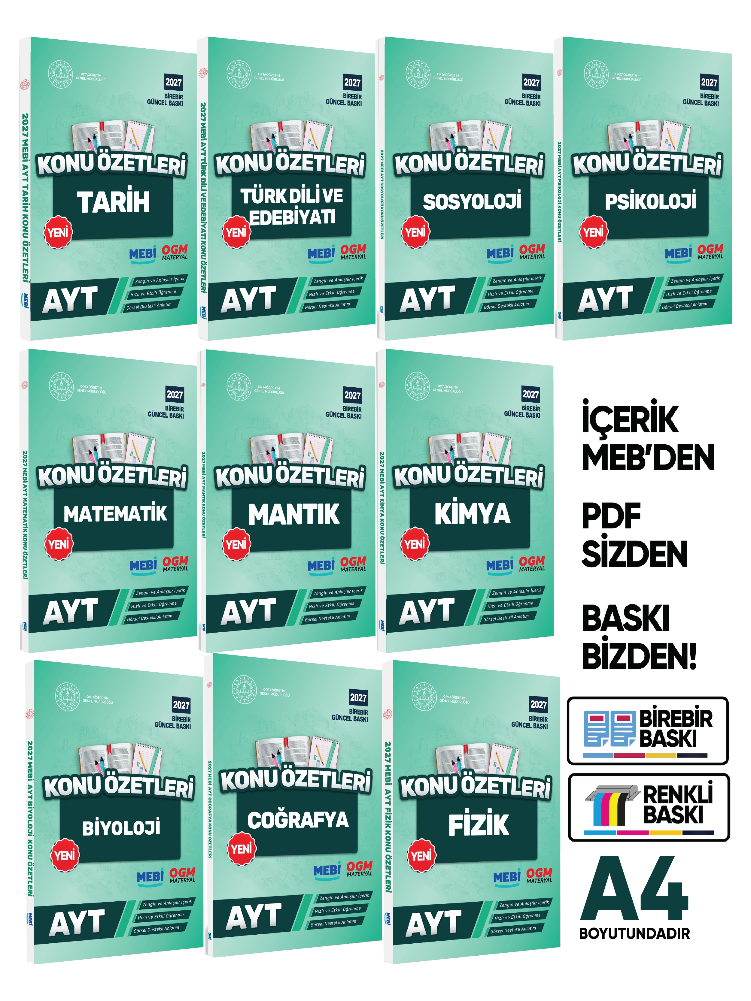 2027 YKS-AYT MEBİ-OGM Pratik Konu Özet Kitap SETİ RENKLİ A4 Boyut Görsel Destekli BASKI ÜCRETİ