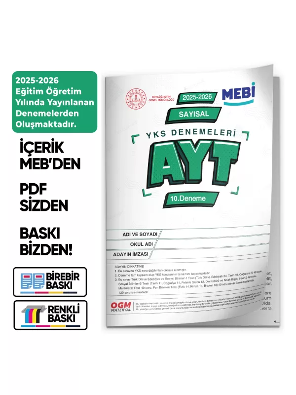 2026 YKS-AYT SAYISAL MEBİ ONLİNE Türkiye Geneli 10. Deneme Büyük Boy RENKLİ BASKI ÜCRETİ