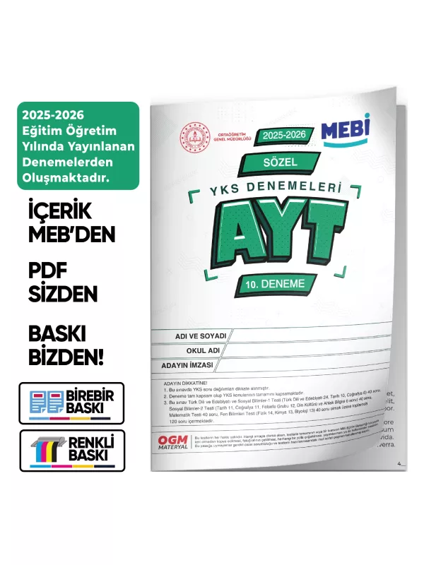 2026 YKS-AYT SÖZEL MEBİ ONLİNE Türkiye Geneli 10. Deneme Büyük Boy RENKLİ  BASKI ÜCRETİ