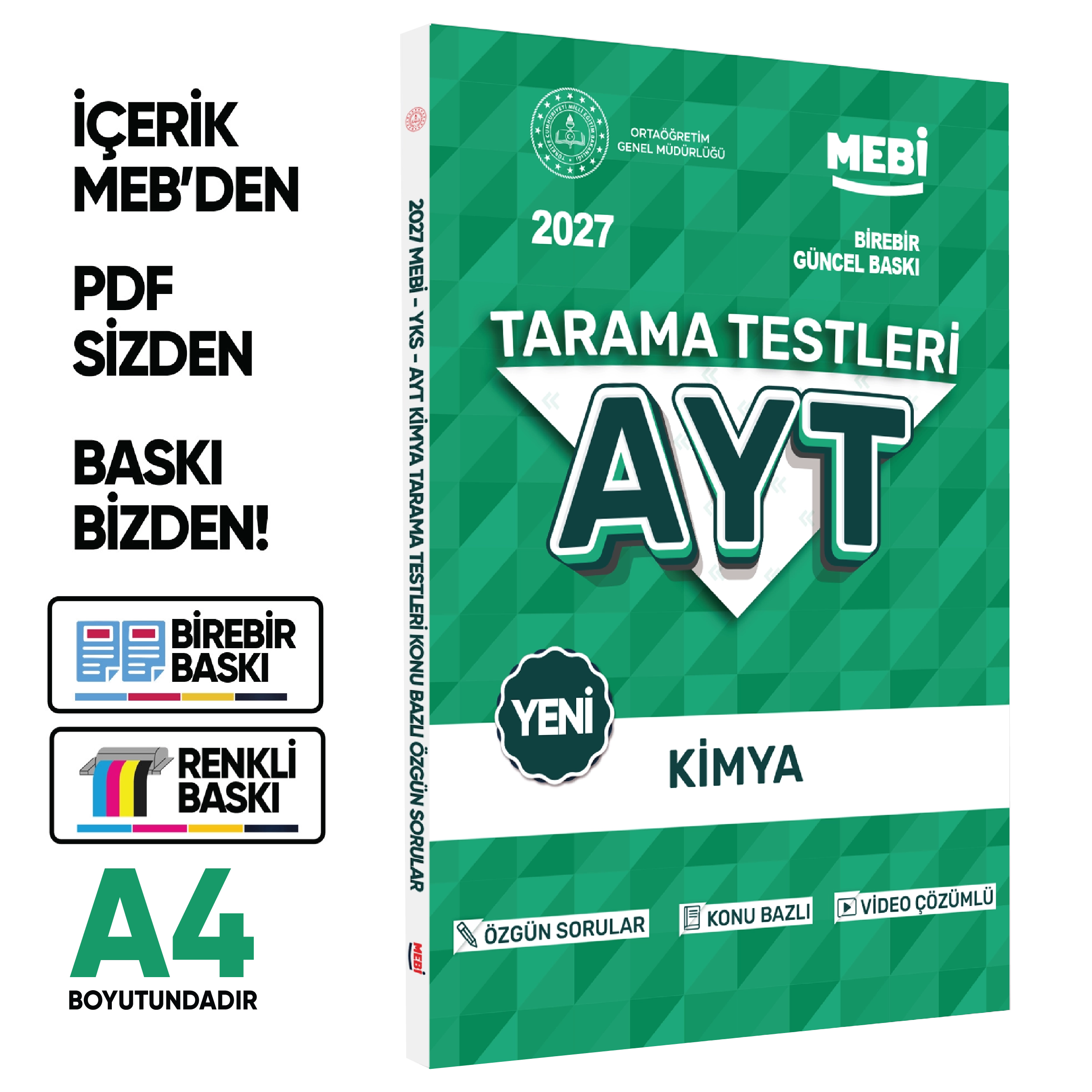 2027 YKS-AYT MEBİ-OGM Kimya Özgün Tarama Testleri Kitabı A4 Boyut Renkli Görsel BASKI ÜCRETİ