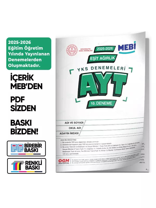 2026 YKS-AYT EŞİT AĞIRLIK MEBİ ONLİNE Türkiye Geneli 10. Deneme Büyük Boy Renkli BASKI ÜCRETİ