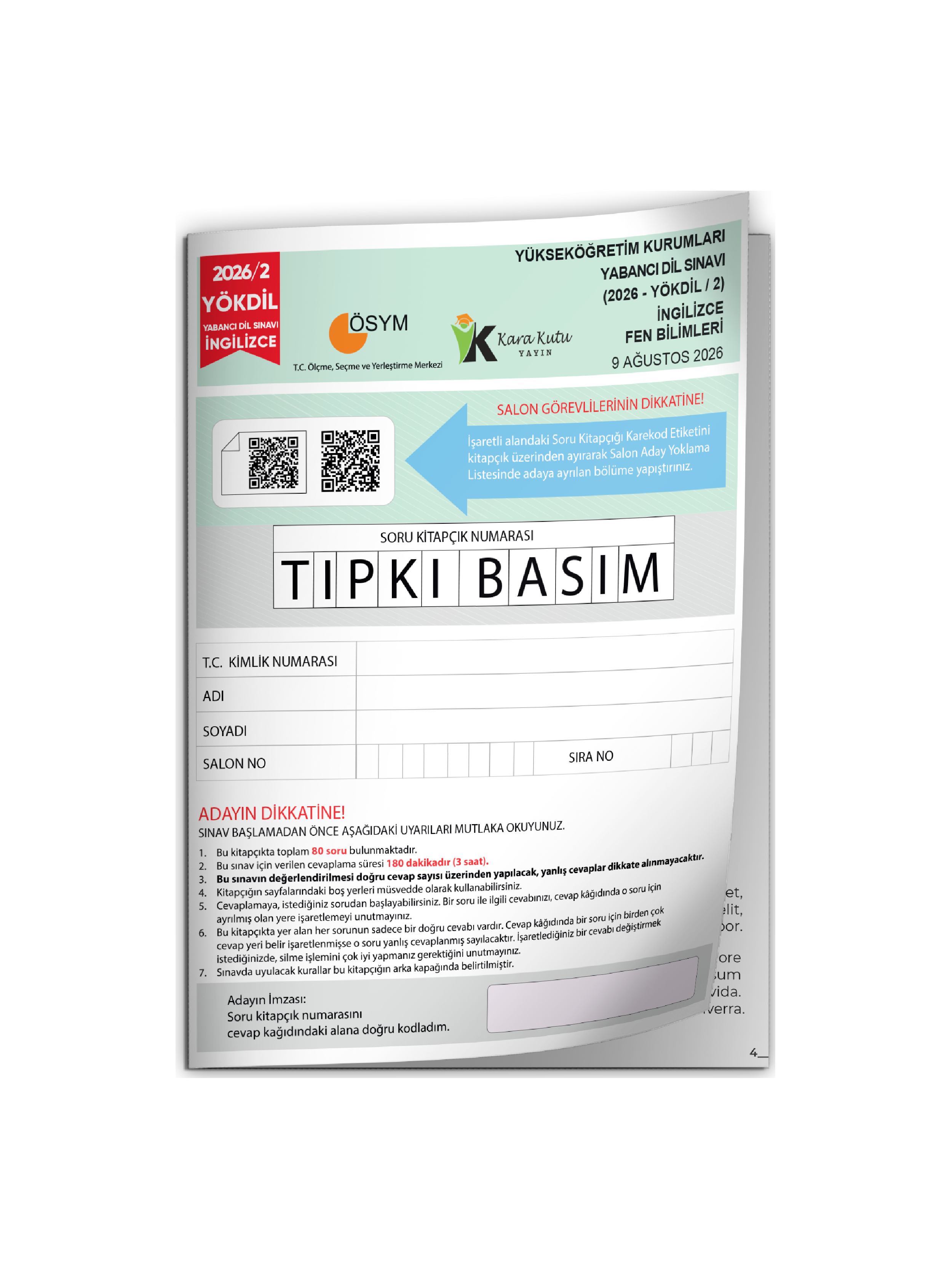 2026/2 YÖKDİL İngilizce FEN BİLİMLERİ ÖSYM Çıkmış Soru Tıpkı Basım Deneme Kitapçığı Türkiye Geneli