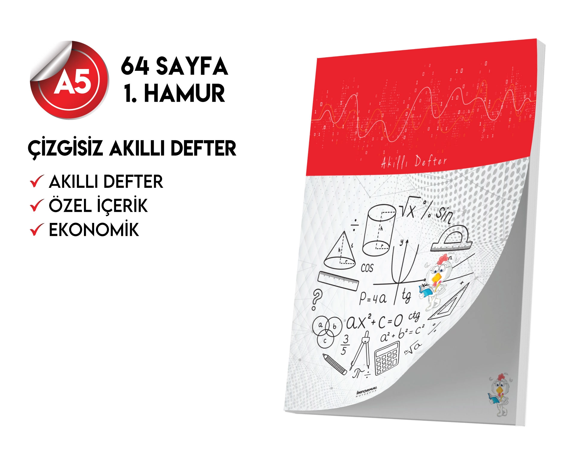 Çizgisiz Not Defteri 64 Sayfa Akıllı Defter Tekli A5 Tam Beyaz Tekli