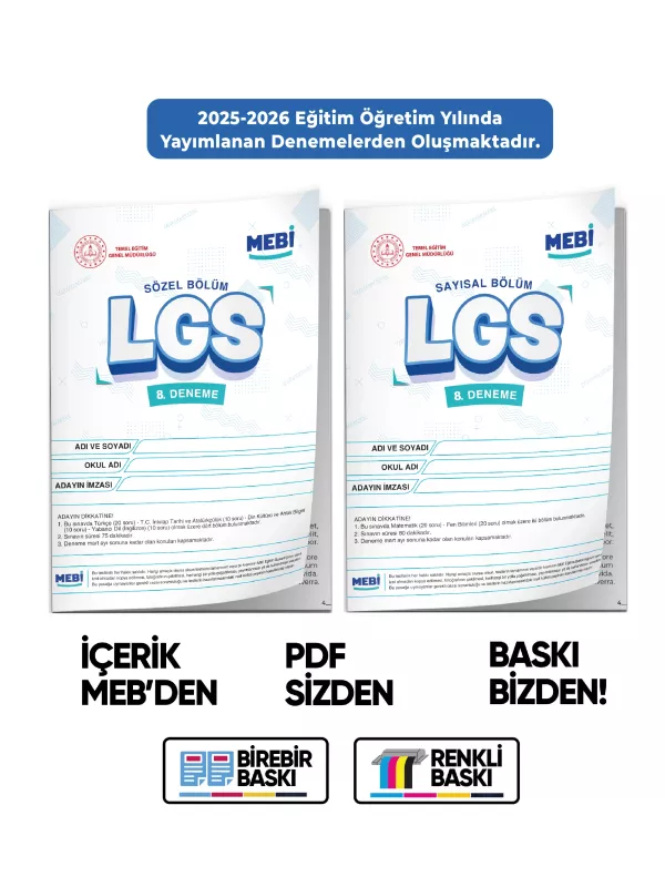 2026 LGS 8.Sınıf MEBİ ONLİNE Türkiye Geneli 8. Deneme (Sayısal–Sözel) Büyük Boy Renkli BASKI ÜCRETİ