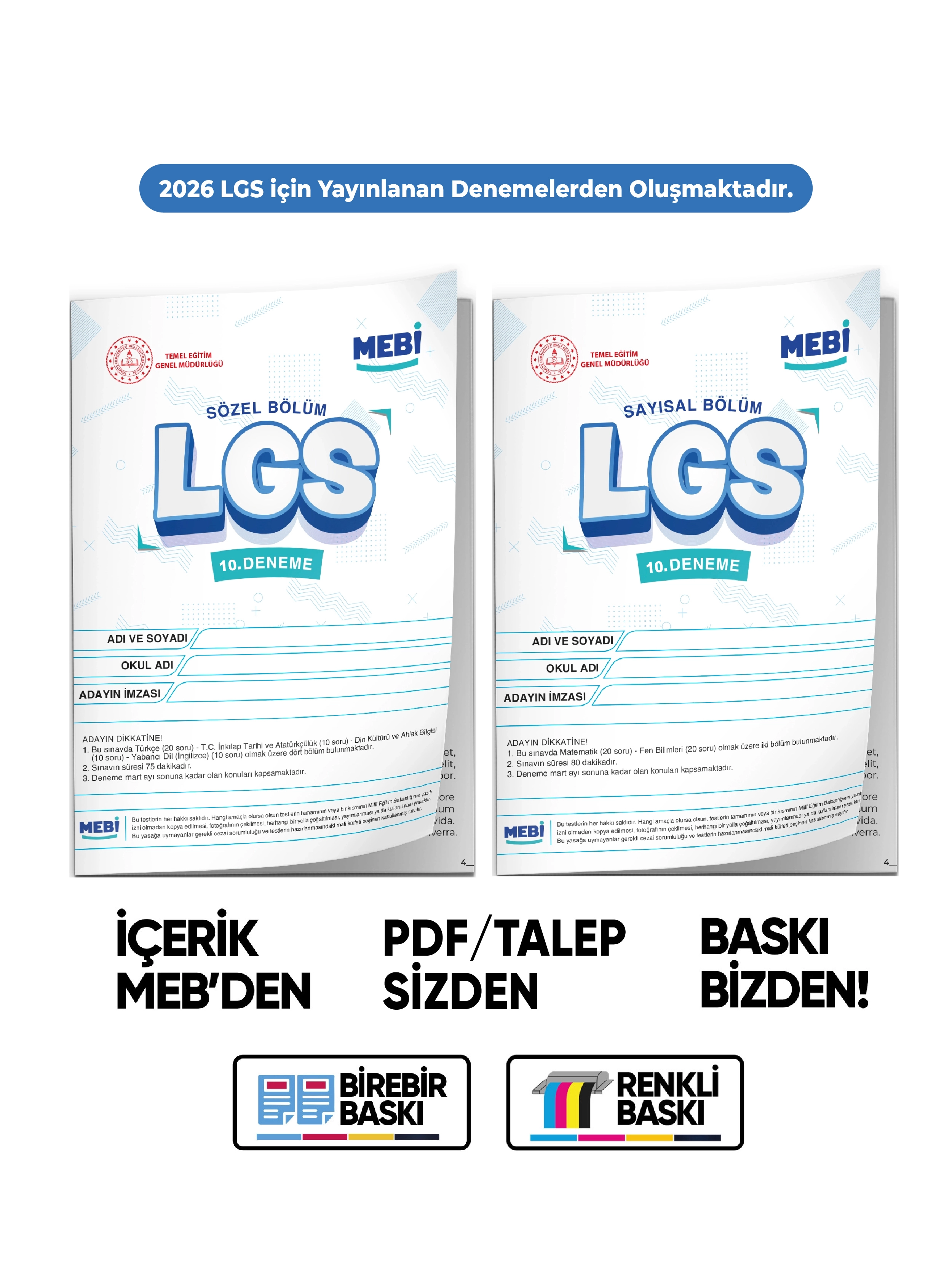 2026 LGS 8.Sınıf MEBİ ONLİNE Türkiye Geneli 10. Deneme (Sayısal–Sözel) Büyük Boy Renkli BASKI ÜCRETİ