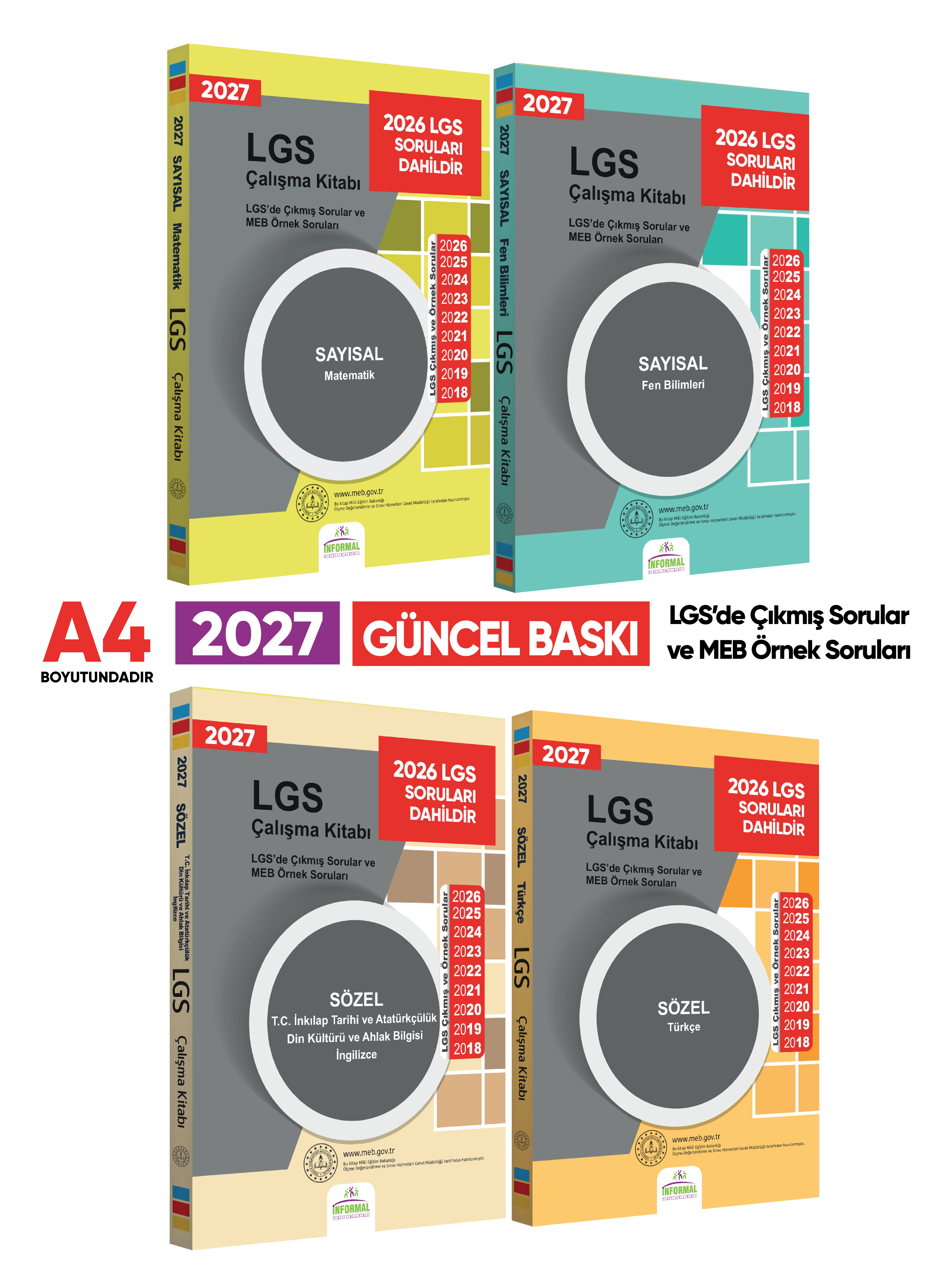 2027 LGS 8.Sınıf Çıkmış ve MEB Örnek Sorular Çalışma Kitabı 4lü SET A4 RENKLİ Baskı