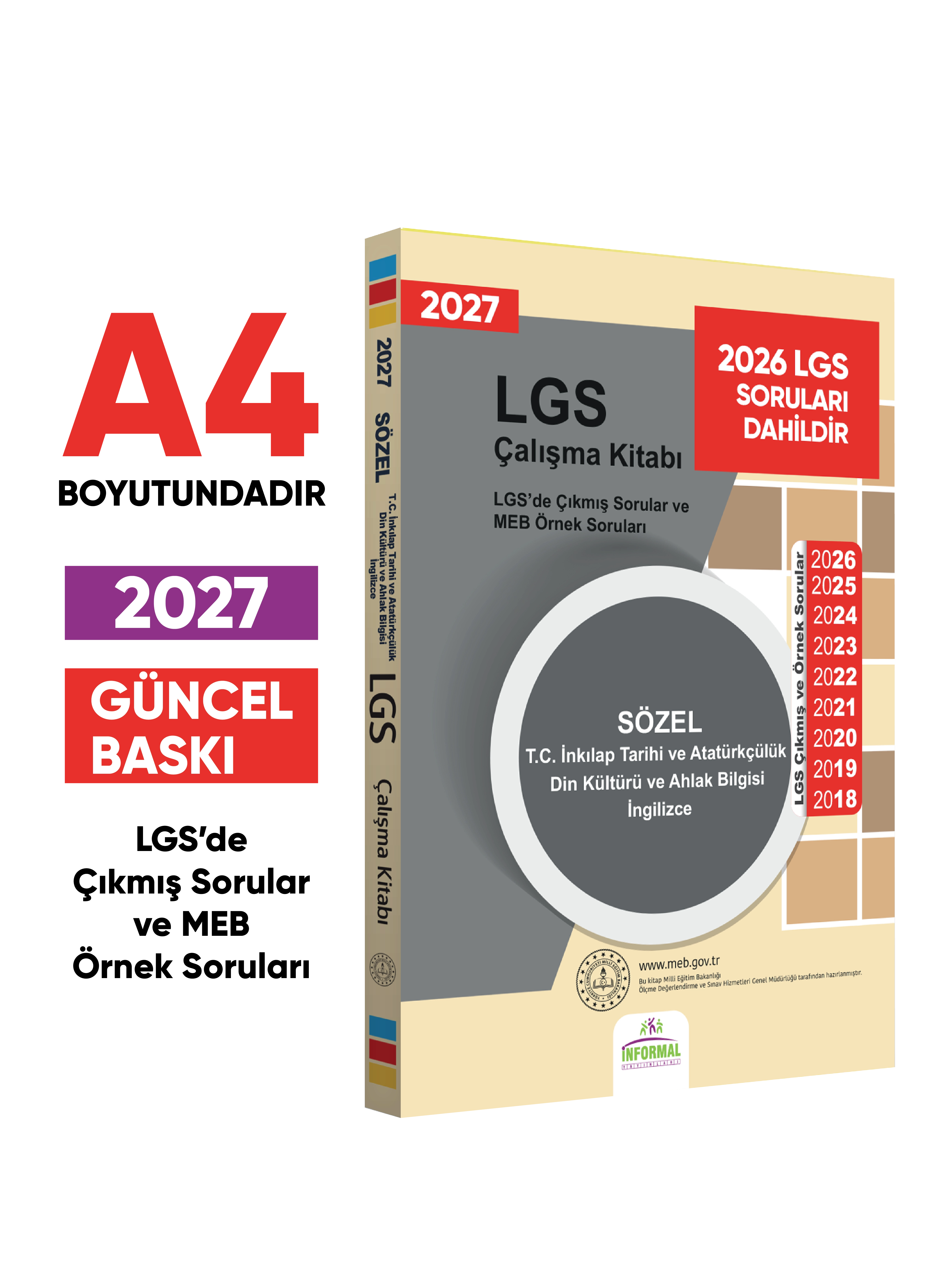 2027 LGS 8.Sınıf Çıkmış ve MEB Örnek Soruları Tarih-Din-İng Sözel Çalışma Kitabı A4 RENKLİ Baskı