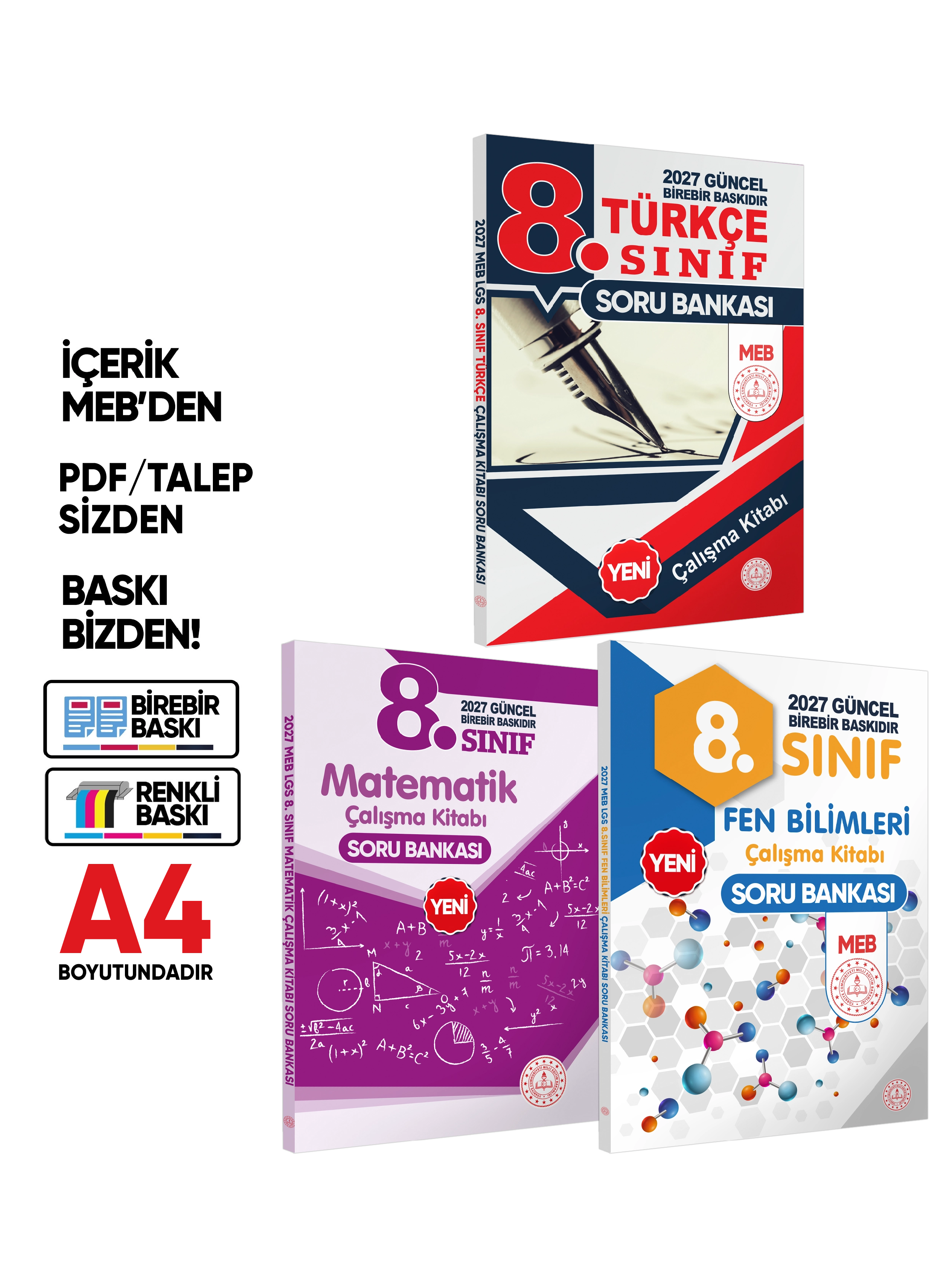 2027 8.Sınıf LGS MEB 3lü SET( Matematik-Fen-Türkçe) Soru Bankası Seti Renkli Baskı A4 BASKI ÜCRETİ