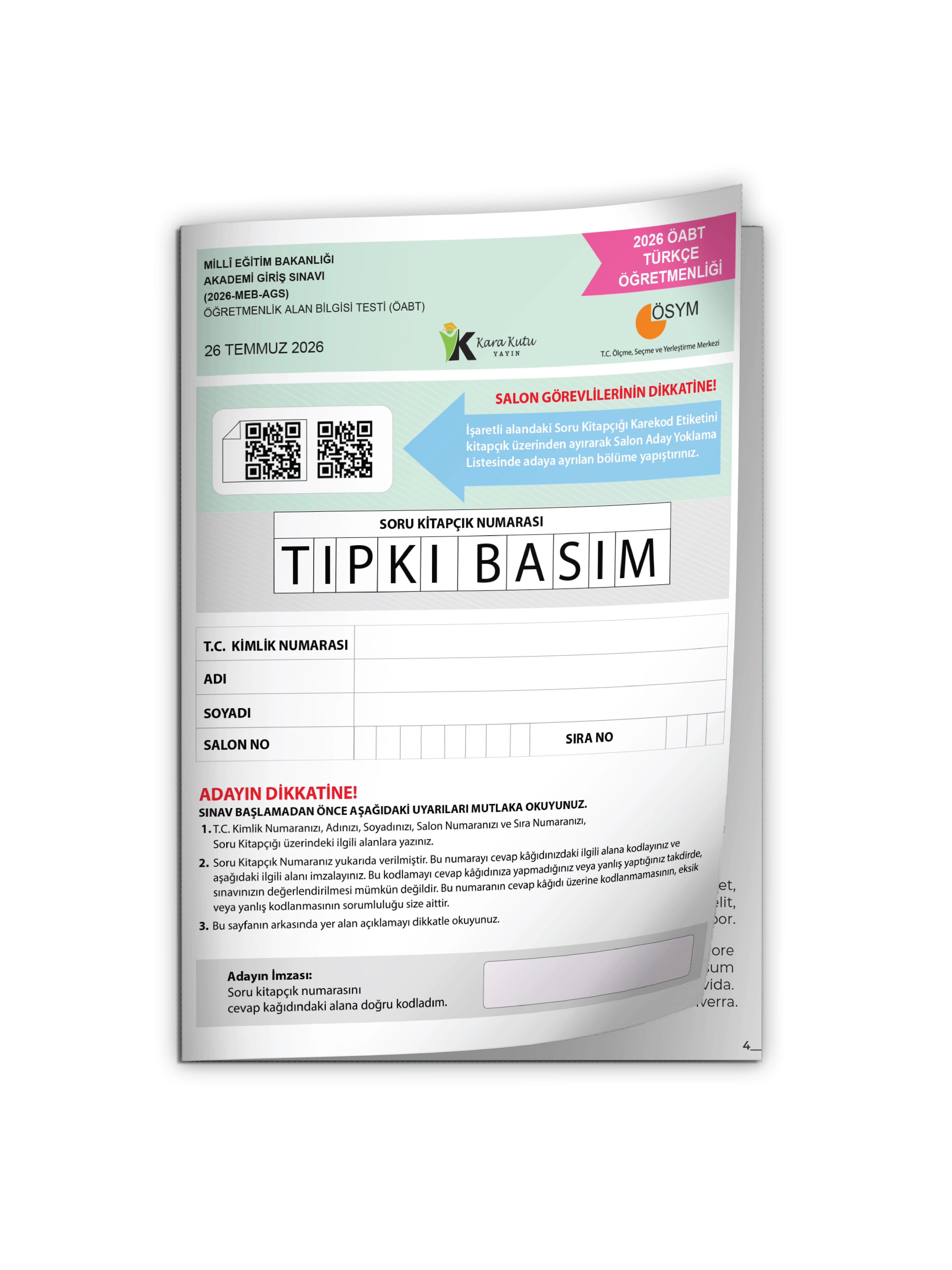 2026 MEB-AGS ÖABT Türkçe Öğretmenliği ÖSYM Tıpkı Basım Kitapçığı Türkiye Geneli Deneme