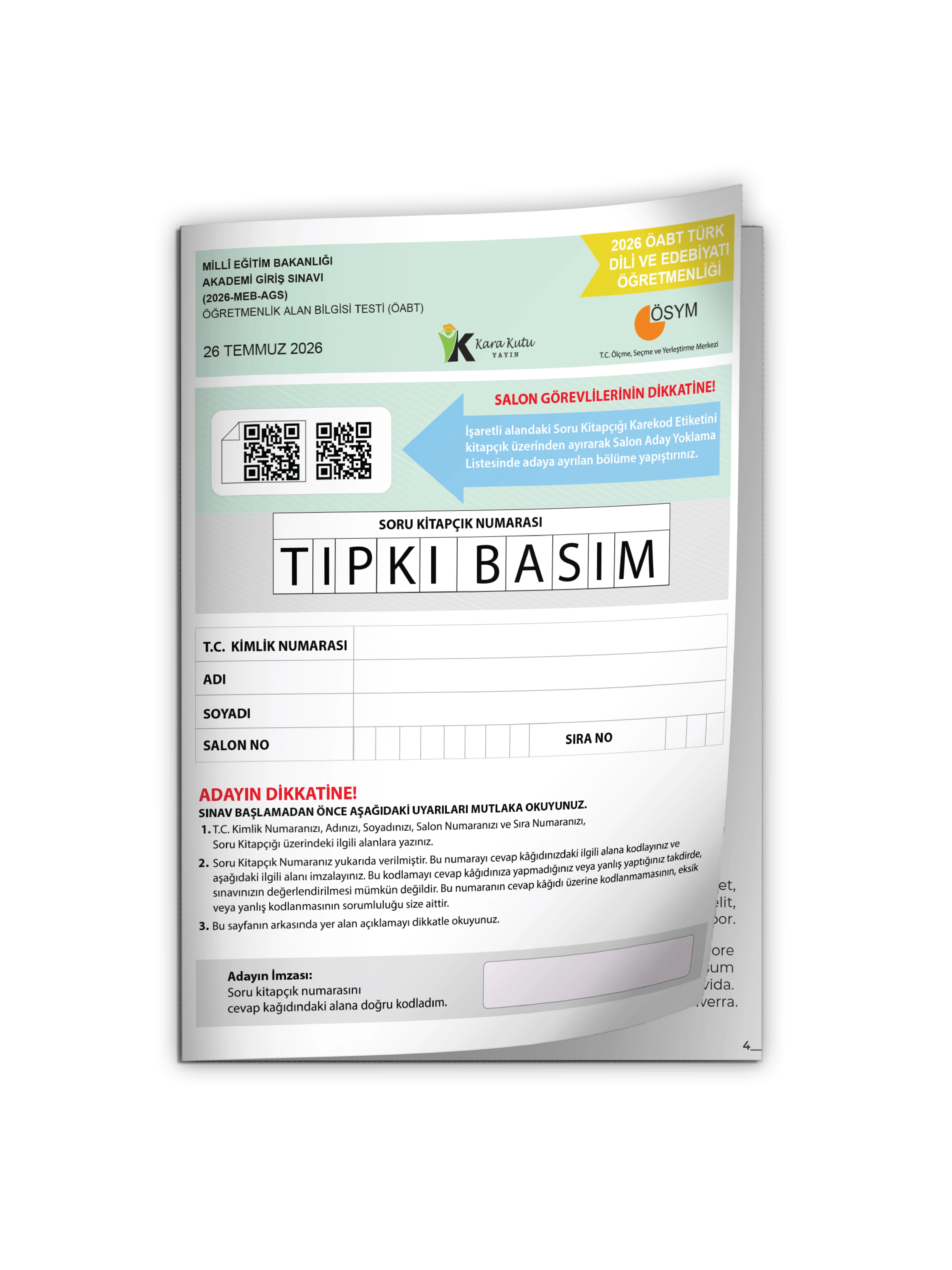 2026 MEB-AGS ÖABT Türk Dili ve Edebiyatı Öğretmenliği ÖSYM Tıpkı Basım Kitapçığı TG Deneme