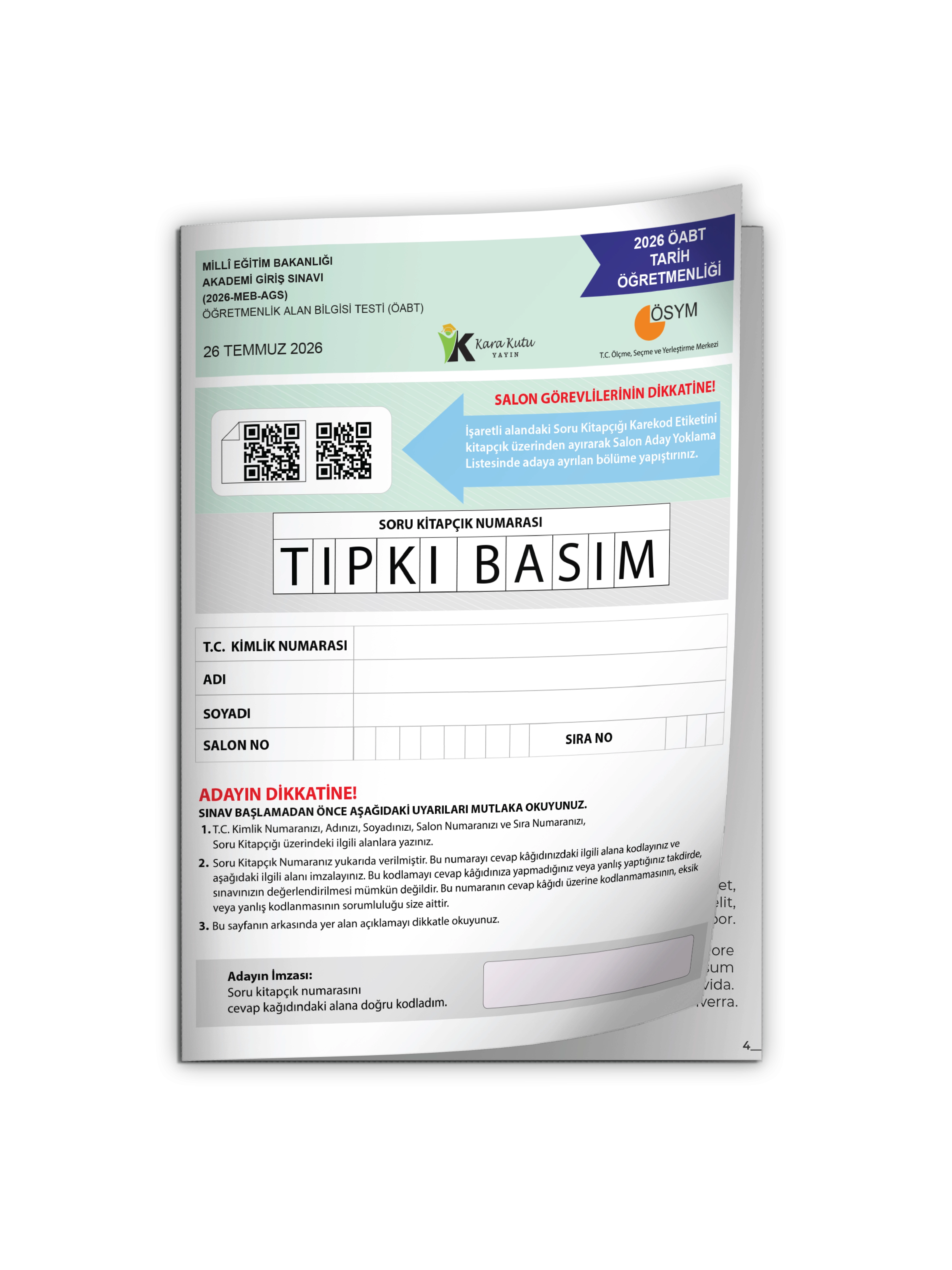 2026 MEB-AGS ÖABT Tarih Öğretmenliği ÖSYM Tıpkı Basım Kitapçığı Türkiye Geneli Deneme