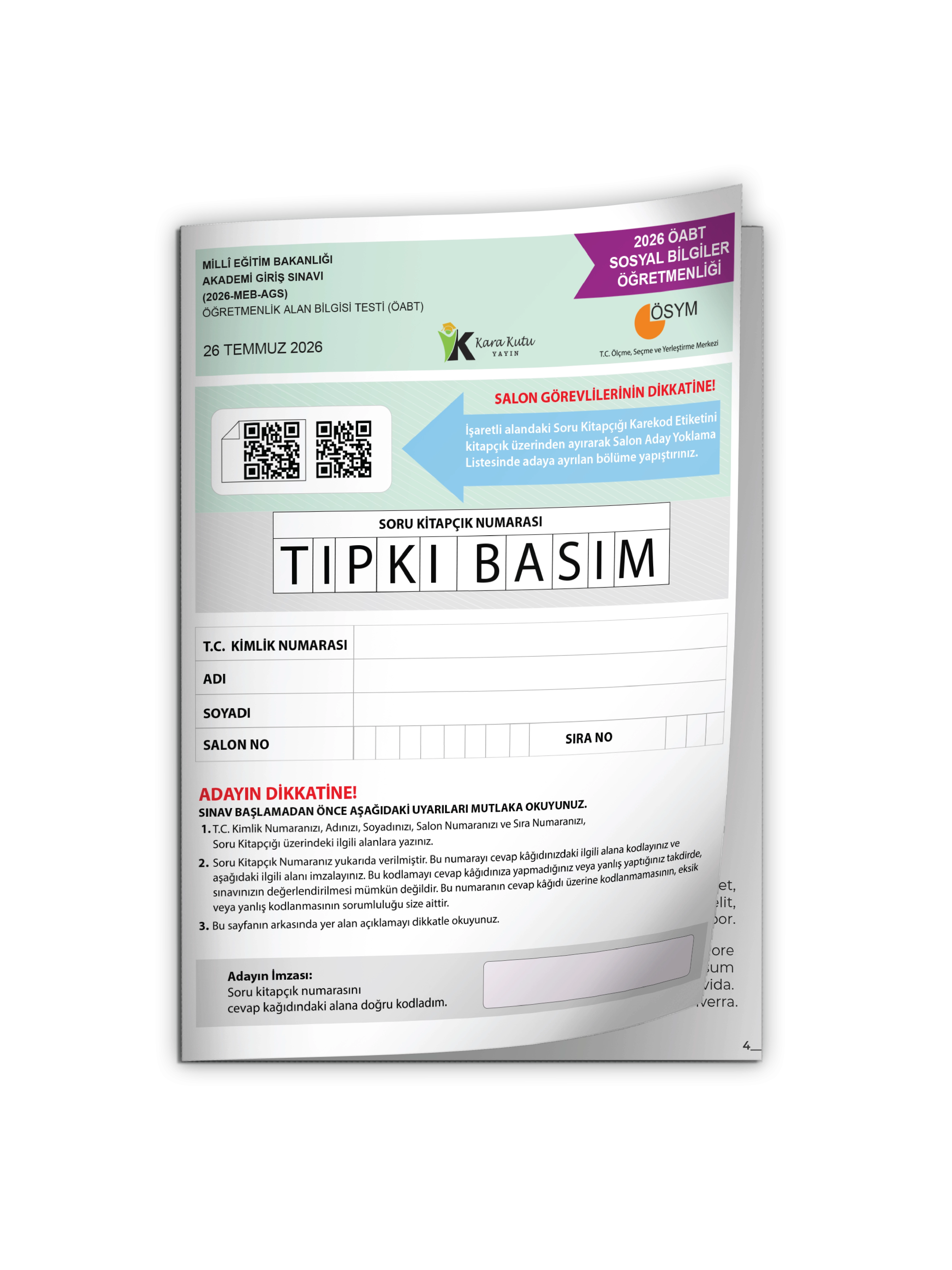 2026 MEB-AGS ÖABT Sosyal Bilgiler Öğretmenliği ÖSYM Tıpkı Basım Kitapçığı TG Deneme