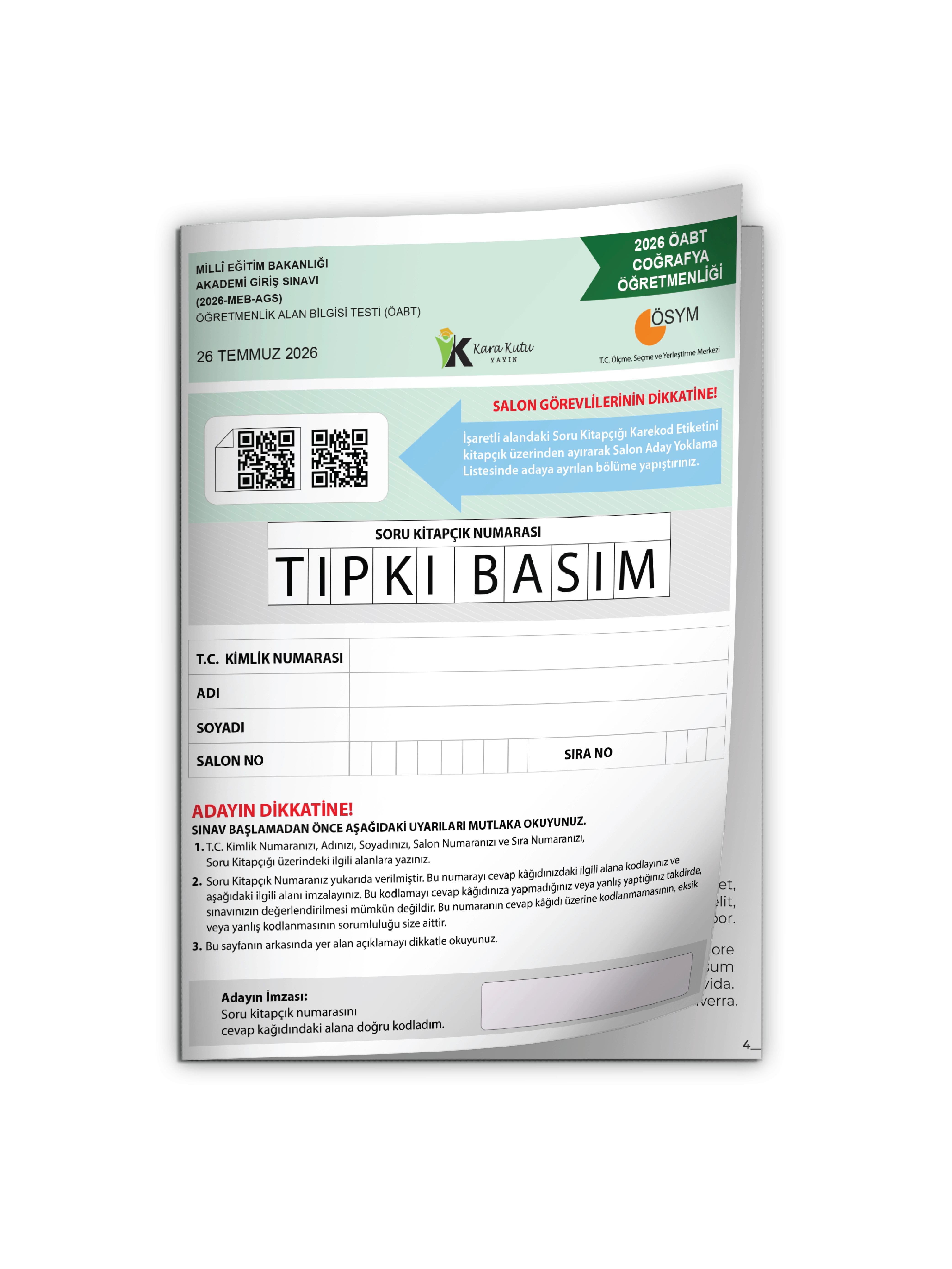 2026 MEB-AGS ÖABT Coğrafya Öğretmenliği ÖSYM Tıpkı Basım Kitapçığı  Türkiye Geneli Deneme