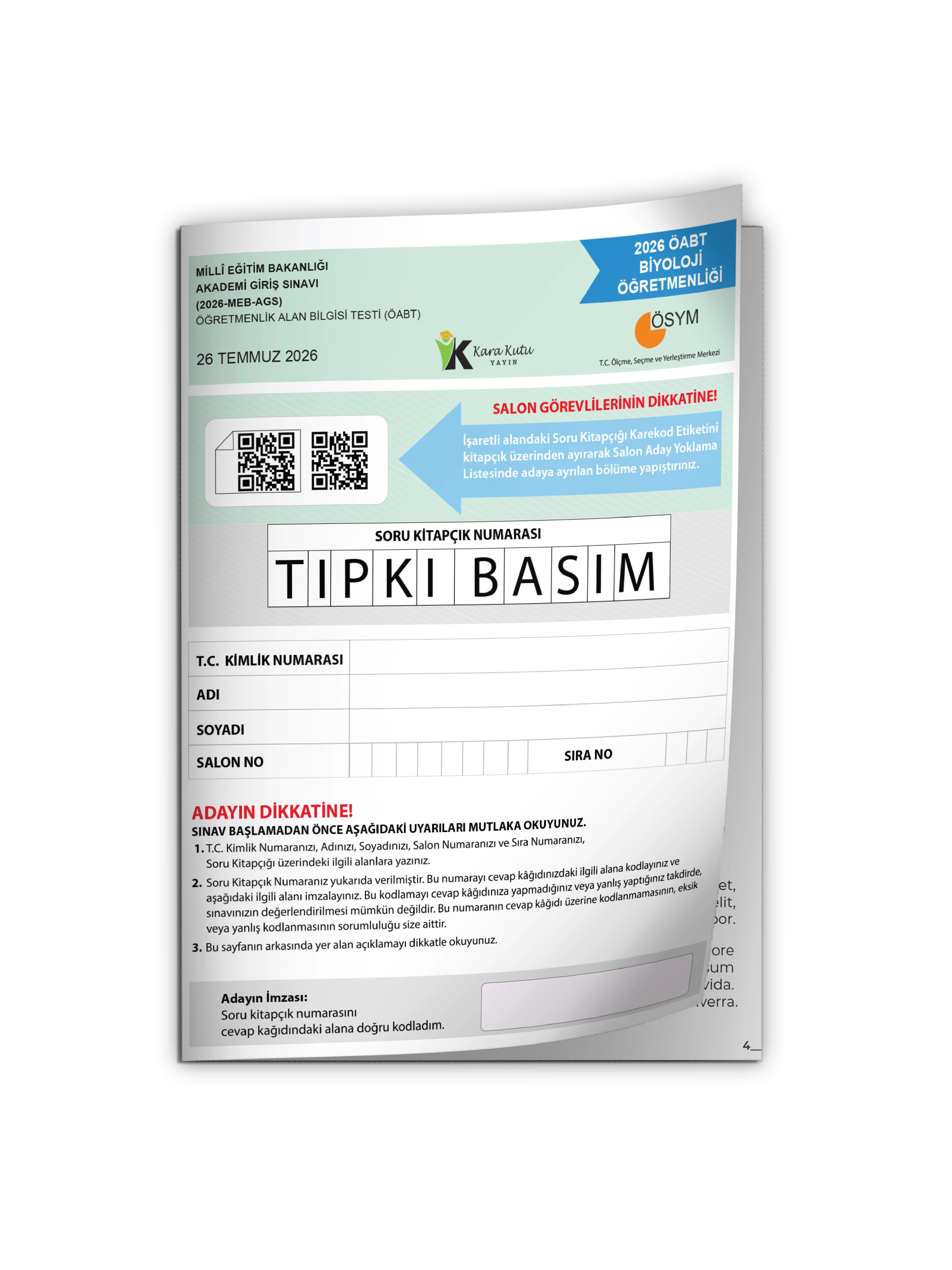 2026 MEB-AGS ÖABT Biyoloji Öğretmenliği ÖSYM Tıpkı Basım Kitapçığı Türkiye Geneli Deneme
